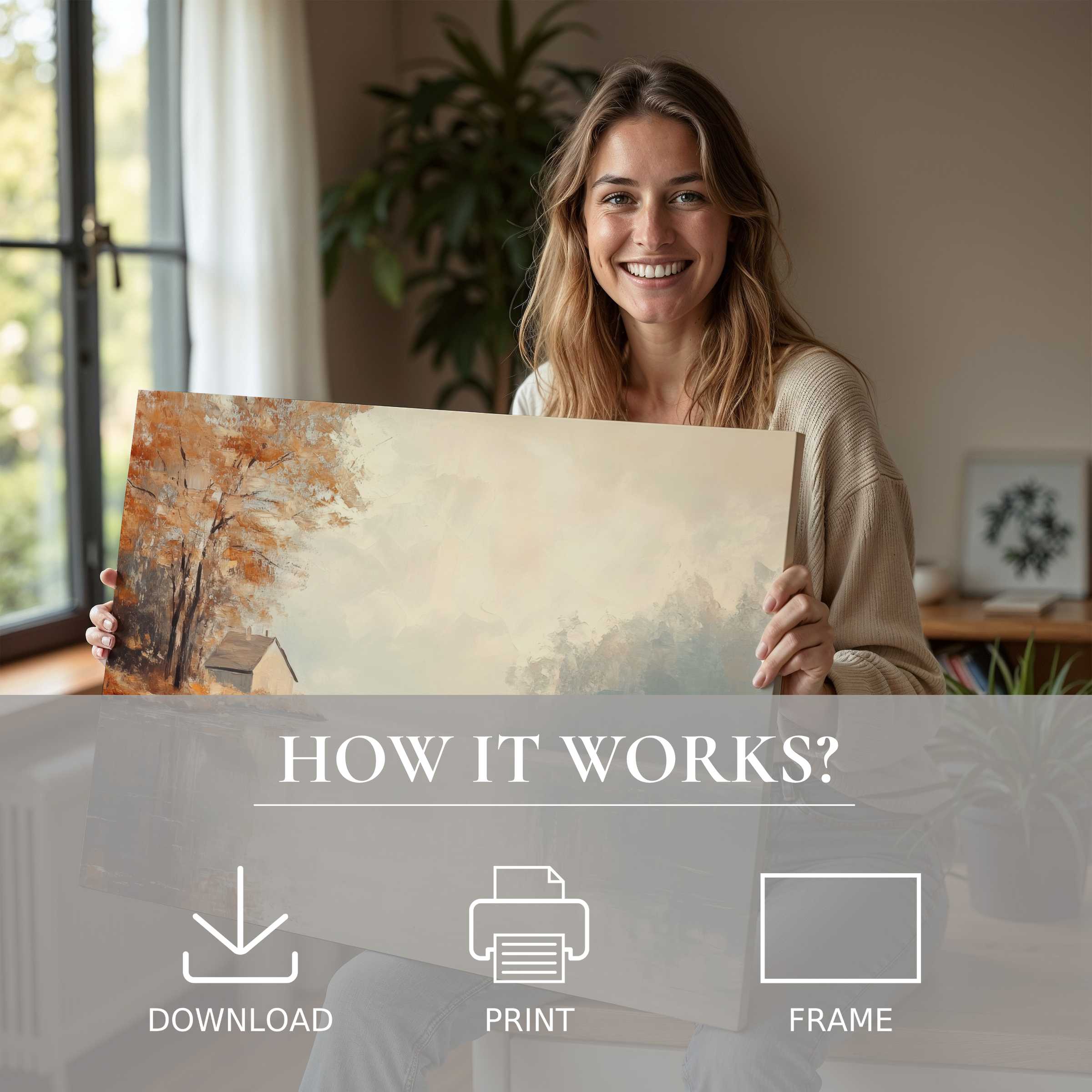 A radiant woman in a serene, modern home embraces a warm-hued fall digital art print, capturing joy in effortless artistic elegance