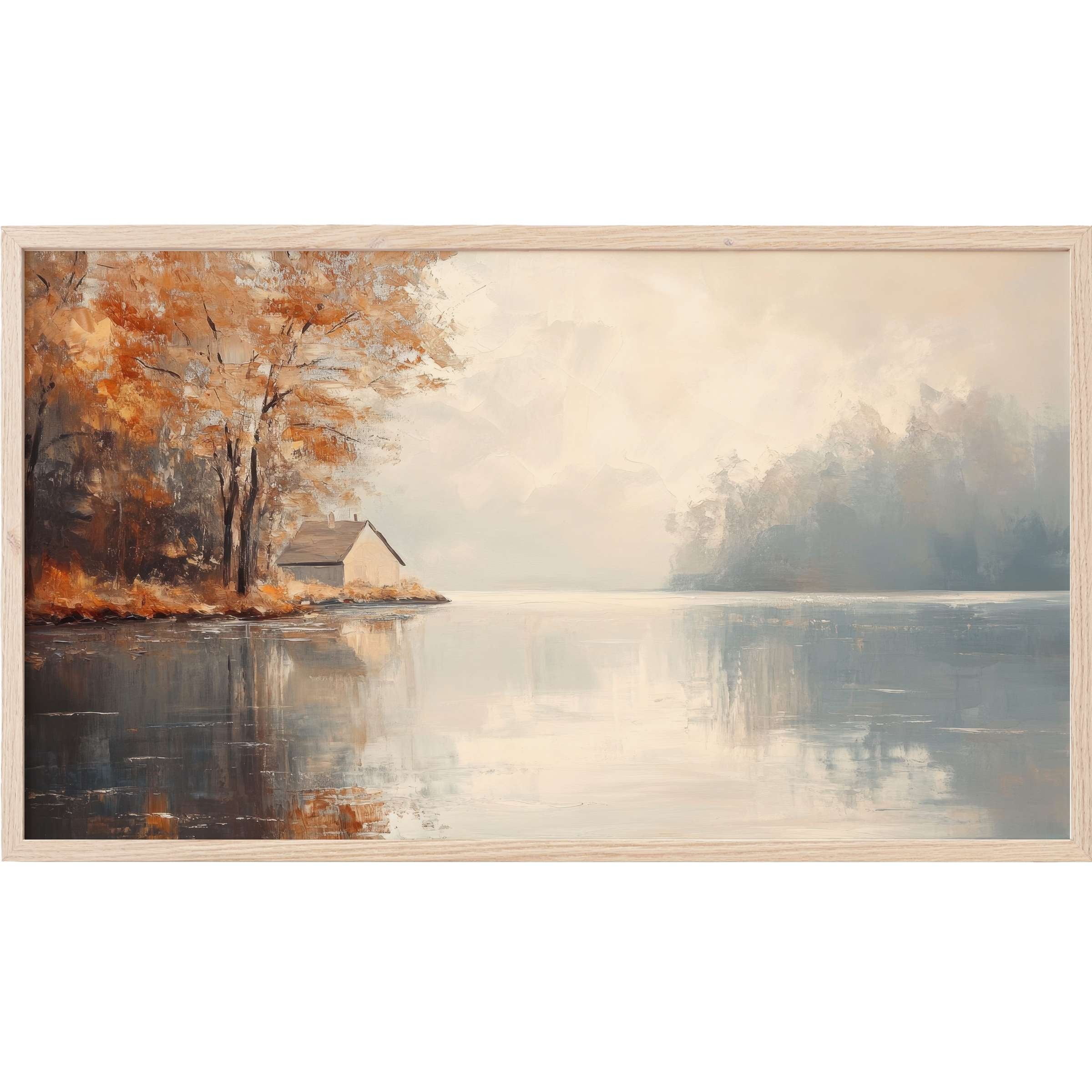Fall Frame TV Art depicting a serene lake with autumnal orange trees and a soft, misty backdrop in muted tones