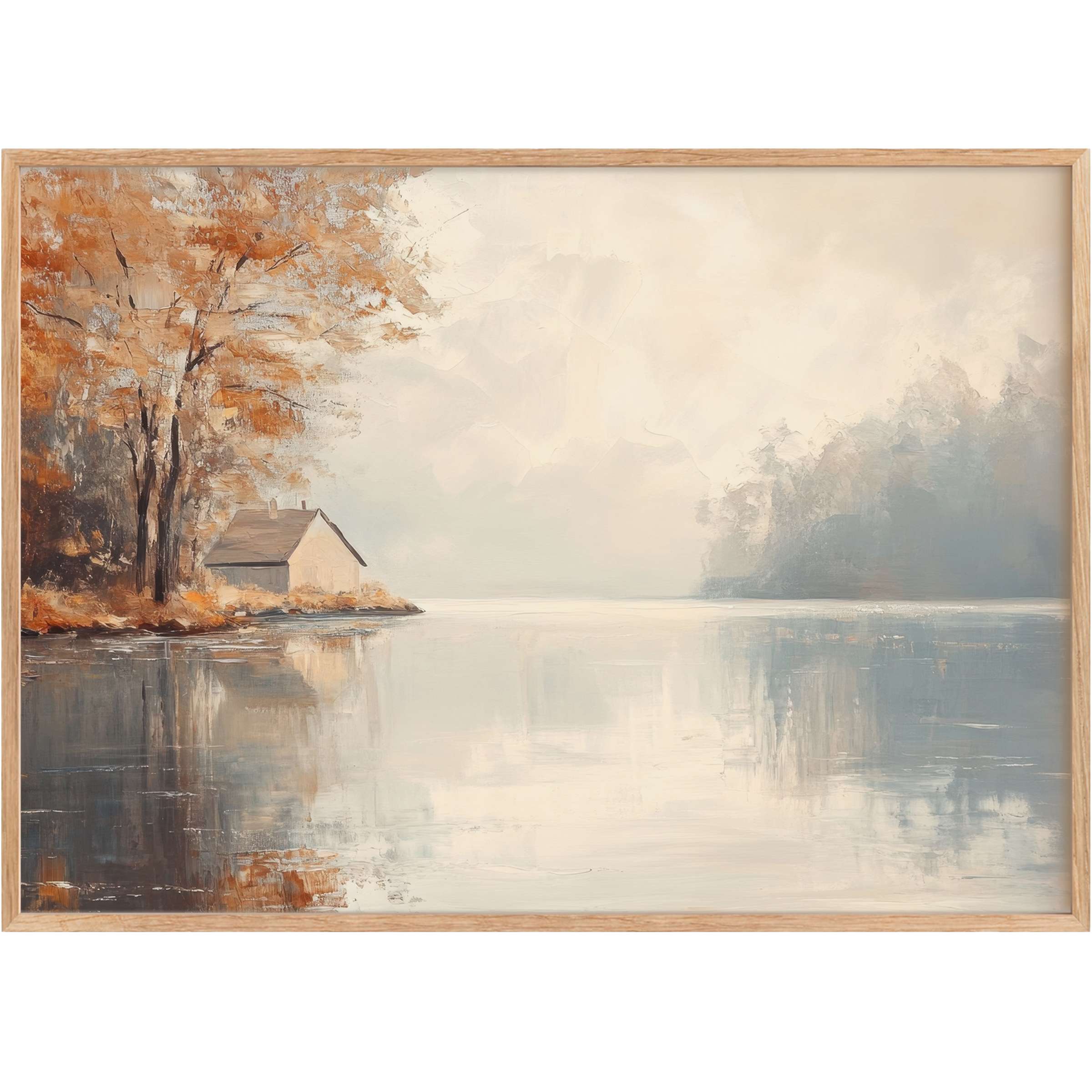 Serene fall printable wall art featuring soft ochres and cool blues, evoking calm mornings by a misty lakeside retreat