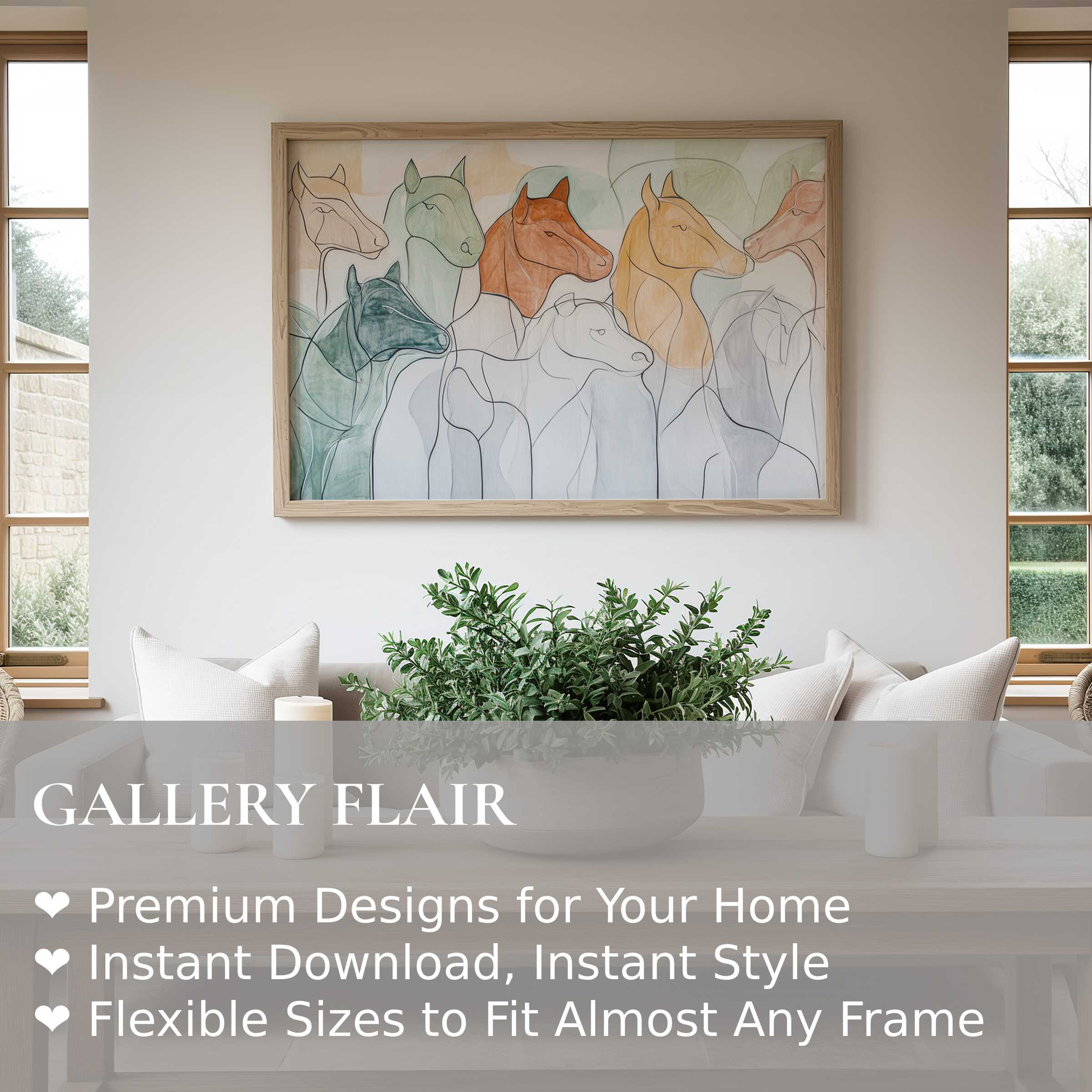 Minimalist wall art print featuring fluid line horses in soft earthy tones, elevating serene, modern living spaces with subtle, natural elegance