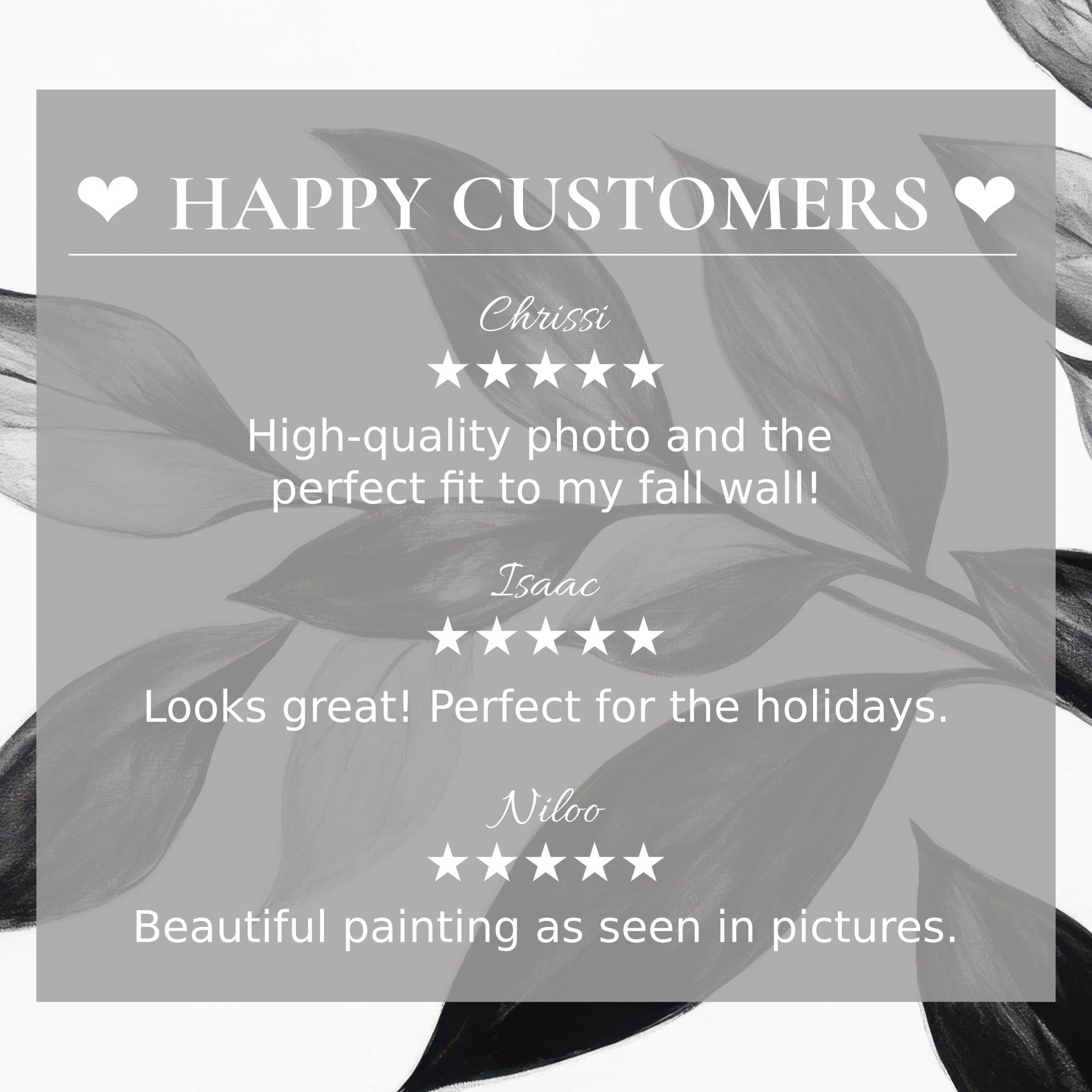 Elegant black and white art for Frame TV with leaf motif, featuring happy customer reviews building trust and style appeal