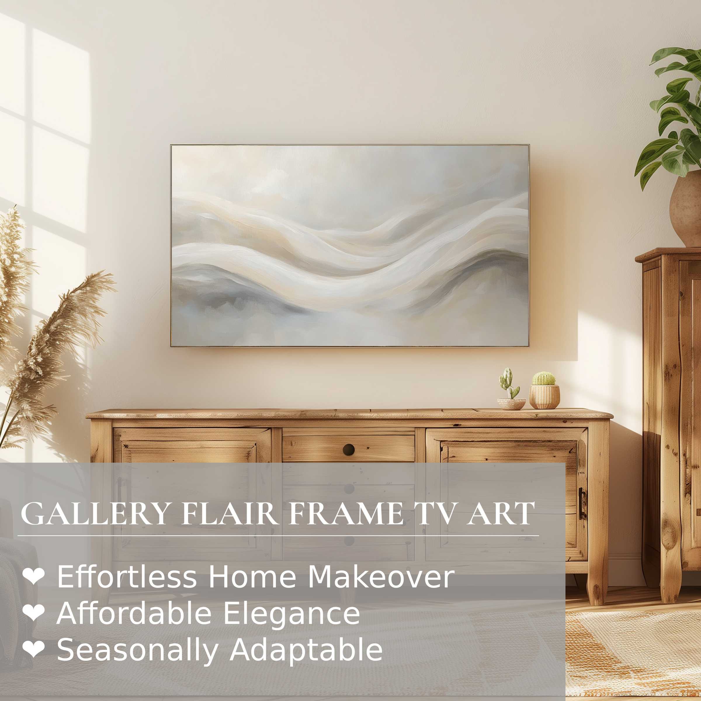 Samsung Frame TV displays neutral digital artwork in a modern, sunlit living room with warm wooden decor
