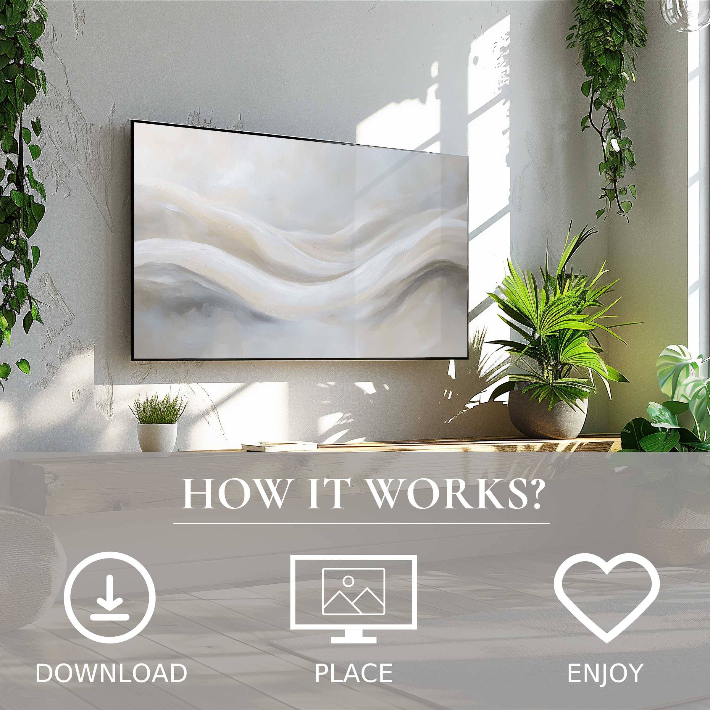 Neutral art for Samsung TV with soft flowing waves in beige tones; easy digital download enhances any modern space