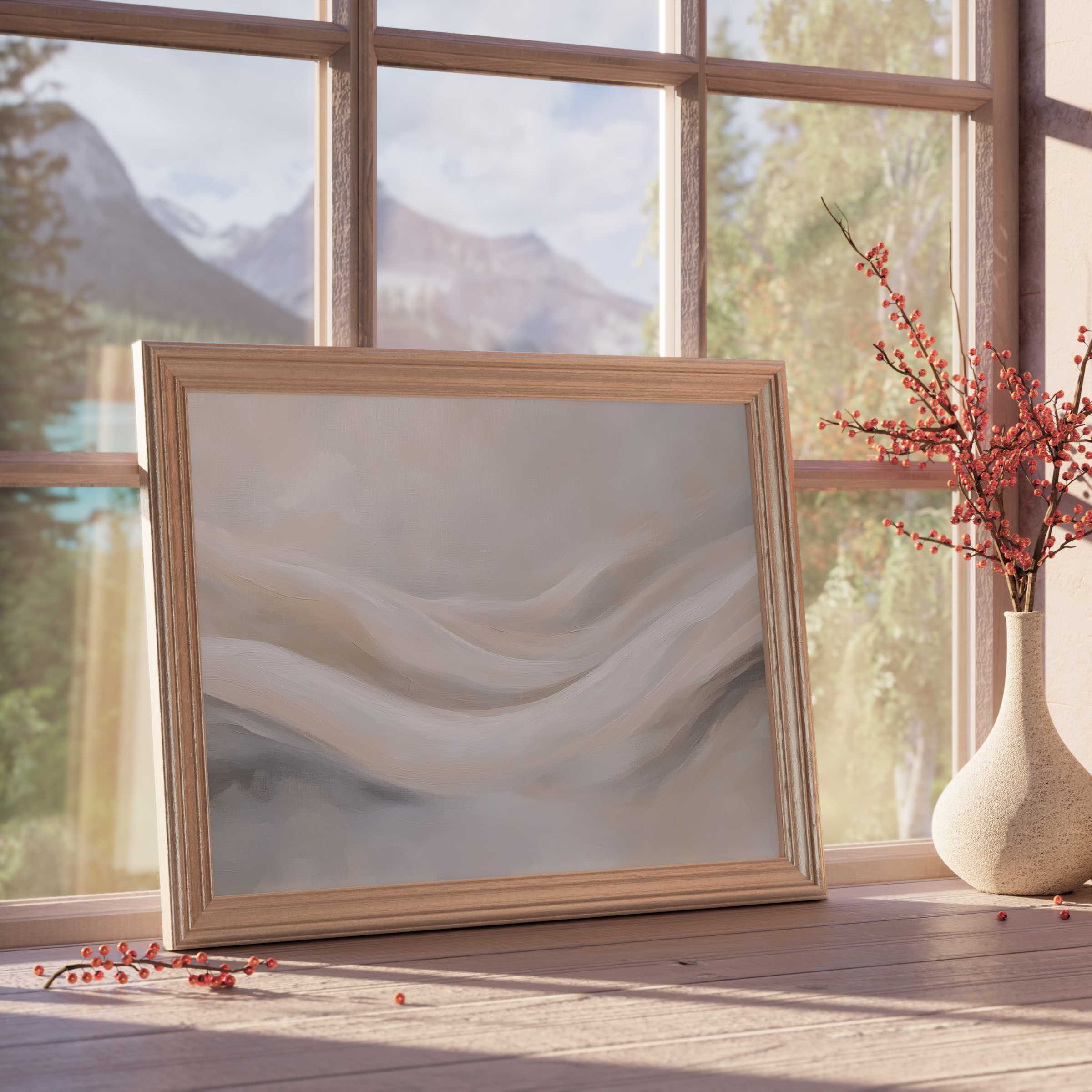 Neutral downloadable art with soft, flowing textures evokes calm and warmth, elevating serene, curated interiors