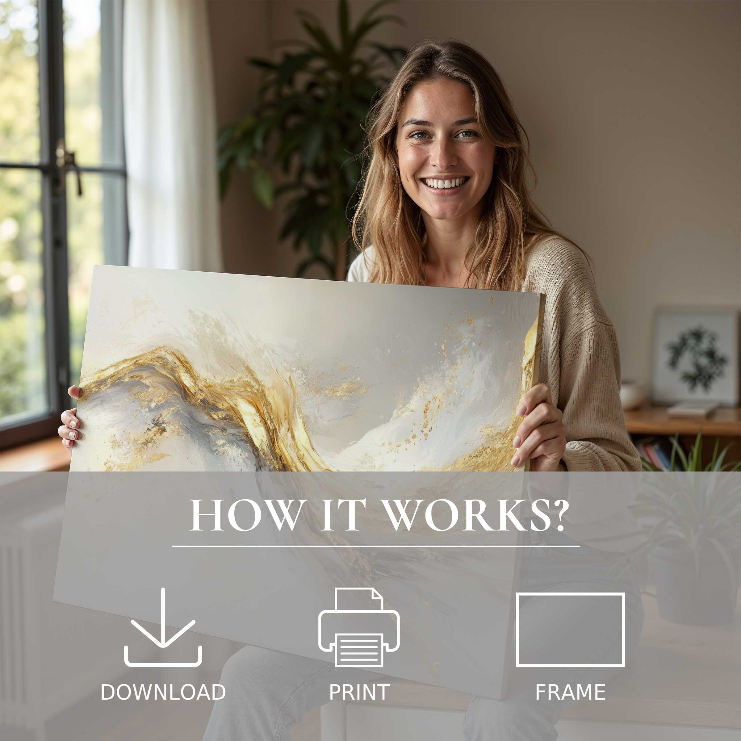 Radiant abstract digital art print in soft golds and creams, transforming a stylish home with effortless elegance and joy