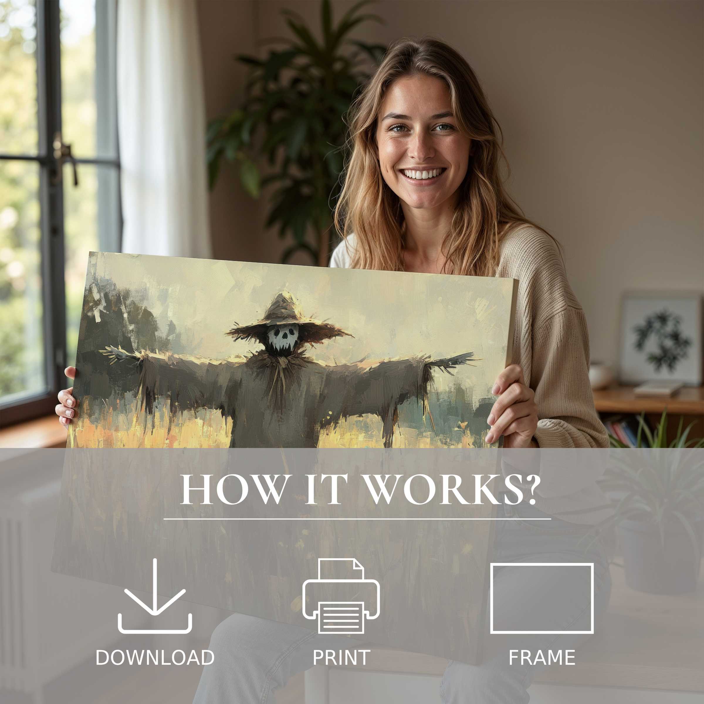A joyful moment in a modern home reveals a captivating halloween digital art print, blending rustic charm and ease