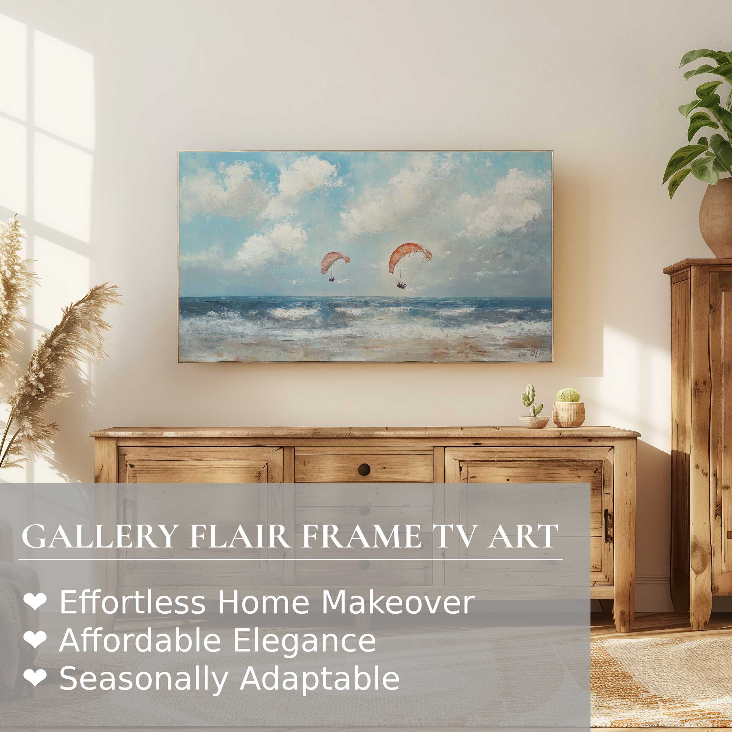 Samsung Frame TV displays serene beach digital artwork, blending coastal charm with modern, elegant home decor