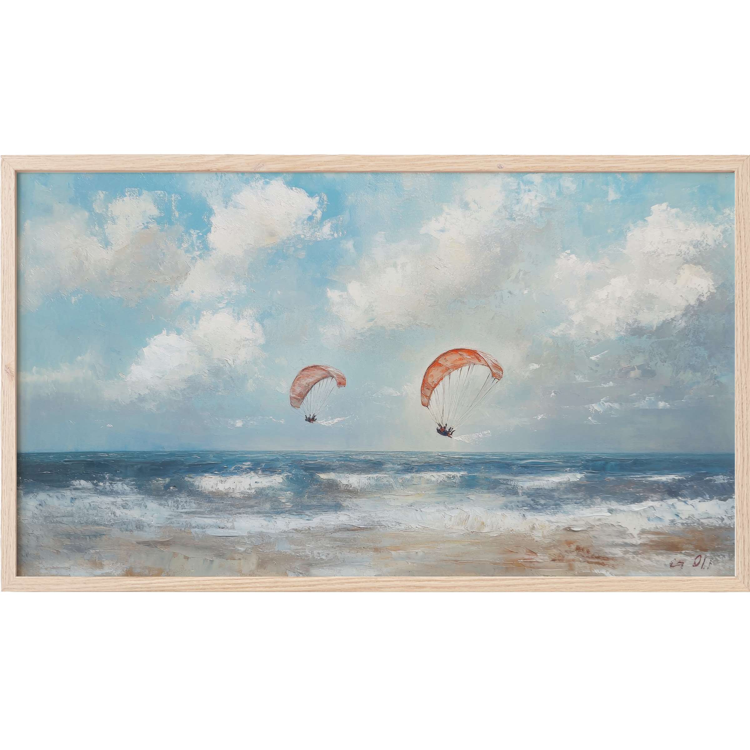Soft pastel ocean waves with orange kitesurfers beneath a textured blue sky, elegant beach Frame TV Art