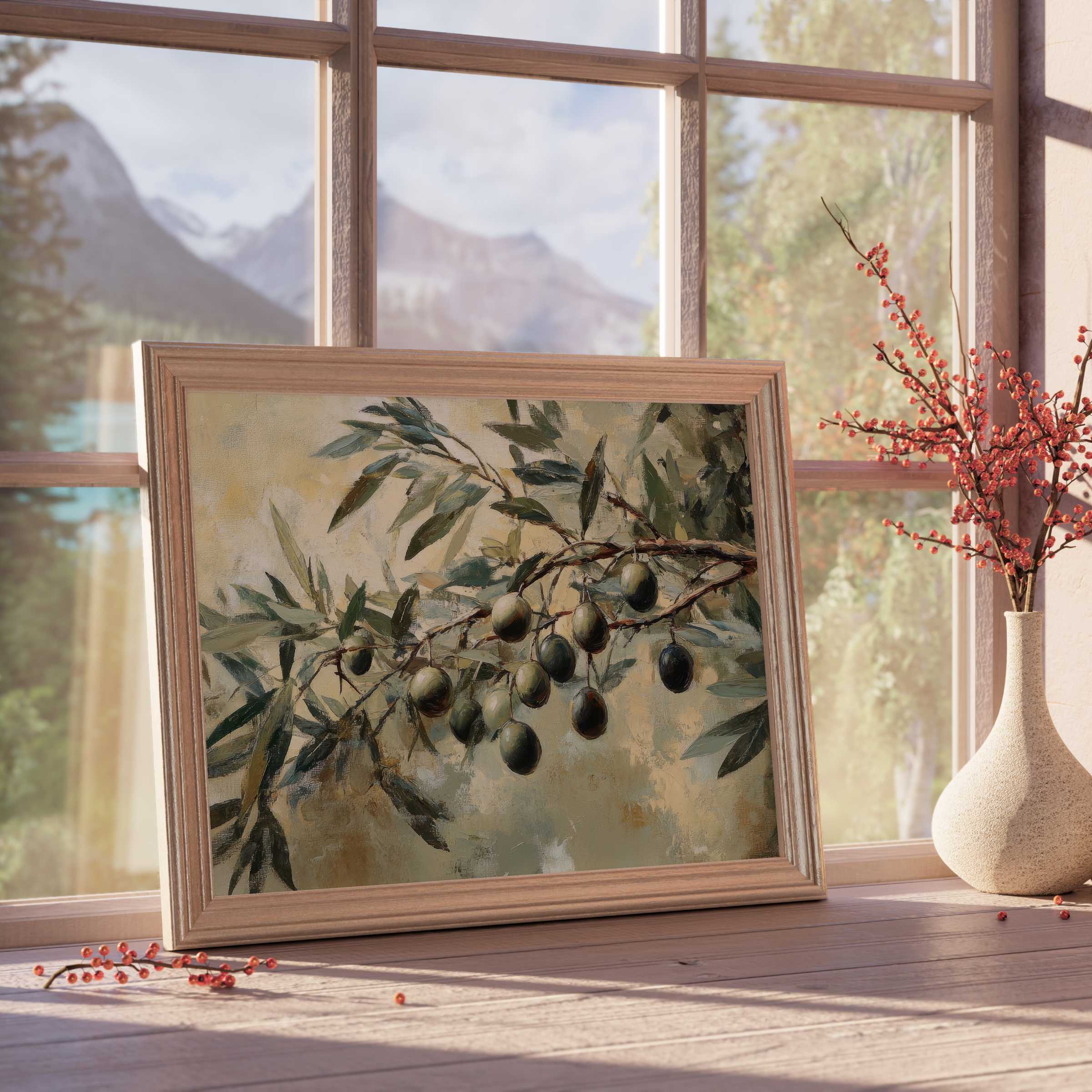 Botanical downloadable art capturing olive branches in muted earth tones, enriching serene, curated interiors with natural elegance