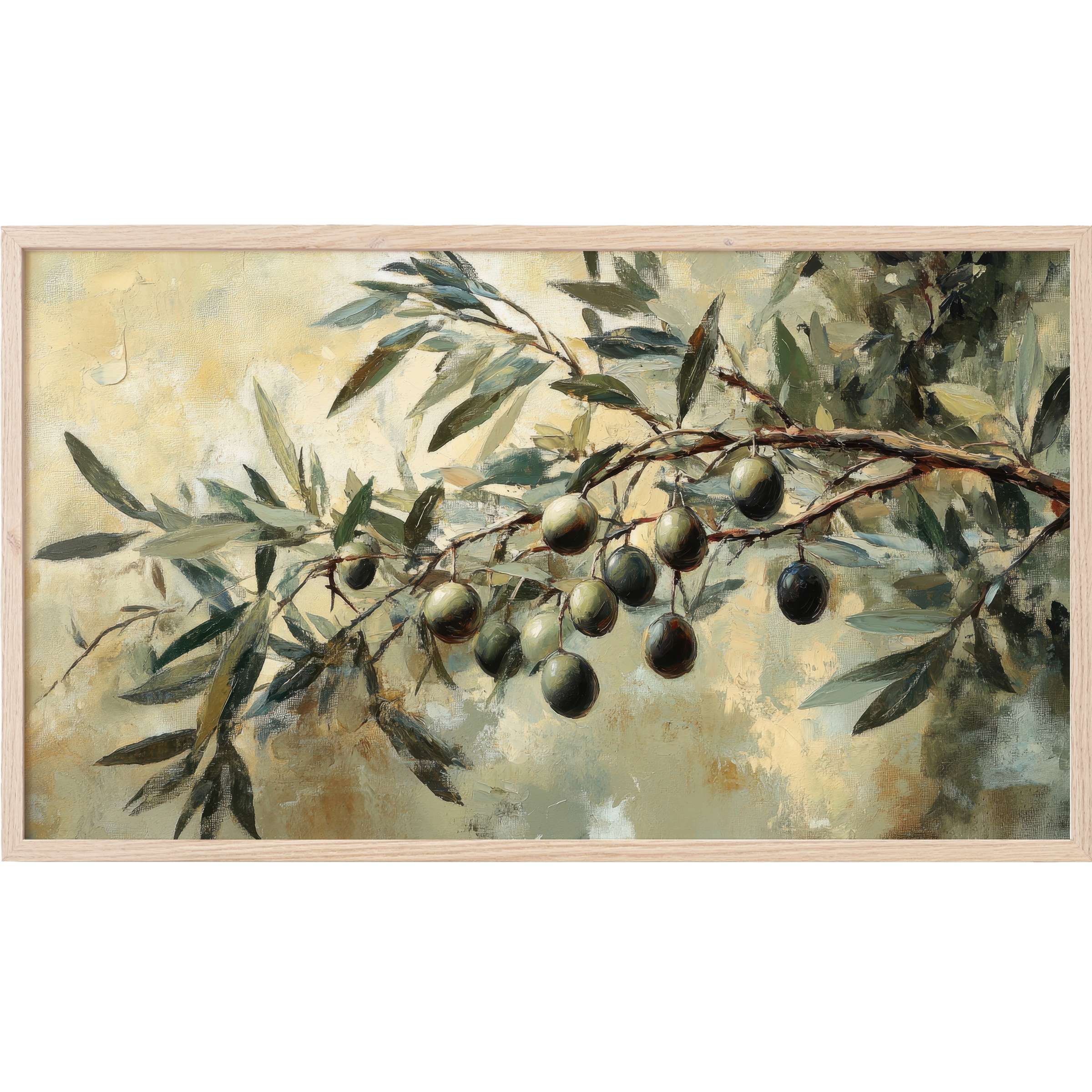 Elegant botanical Frame TV Art depicts olive branches with muted greens and warm beige in a textured, modern style