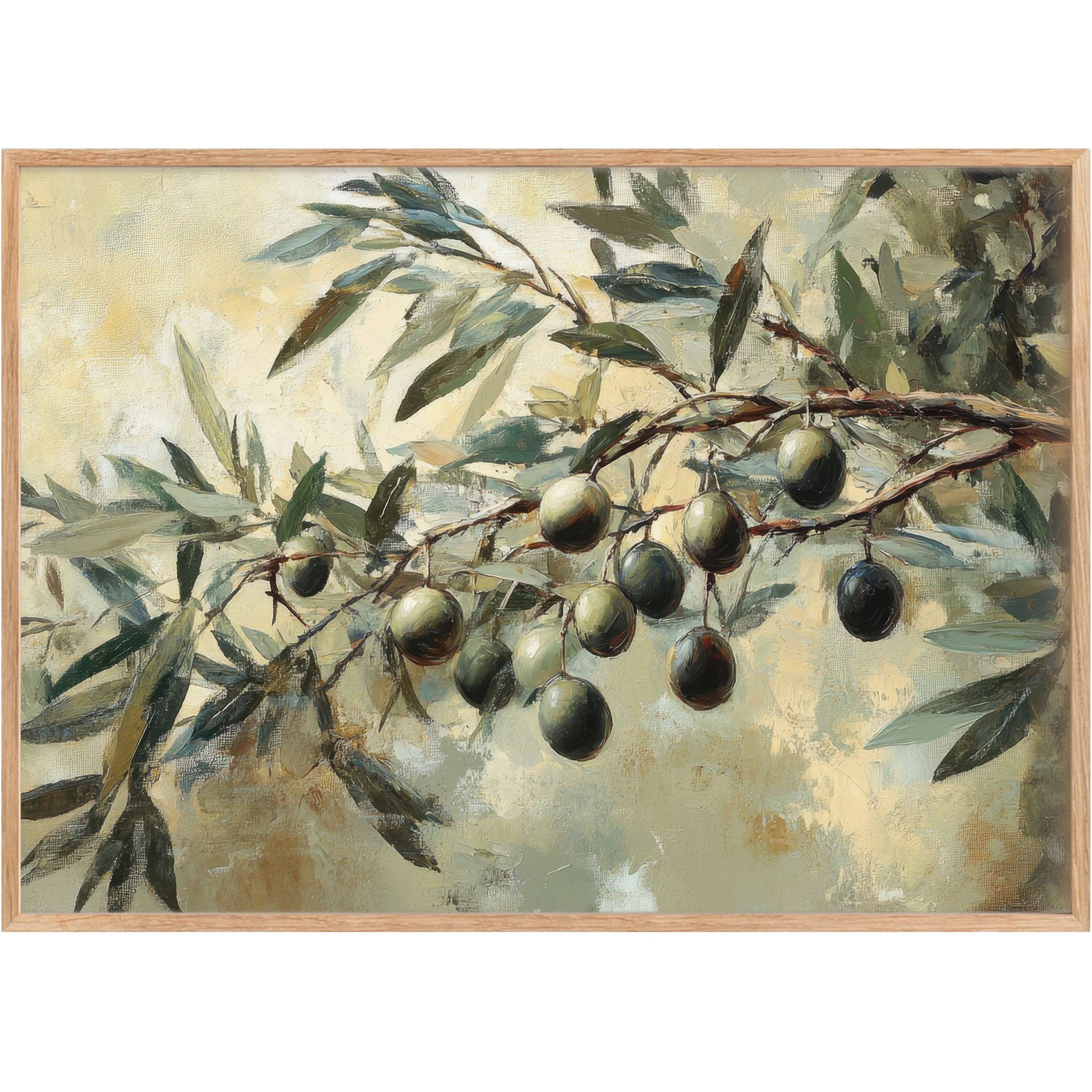Botanical printable wall art featuring olive branches in muted greens and creamy golds, evoking a serene, timeless elegance