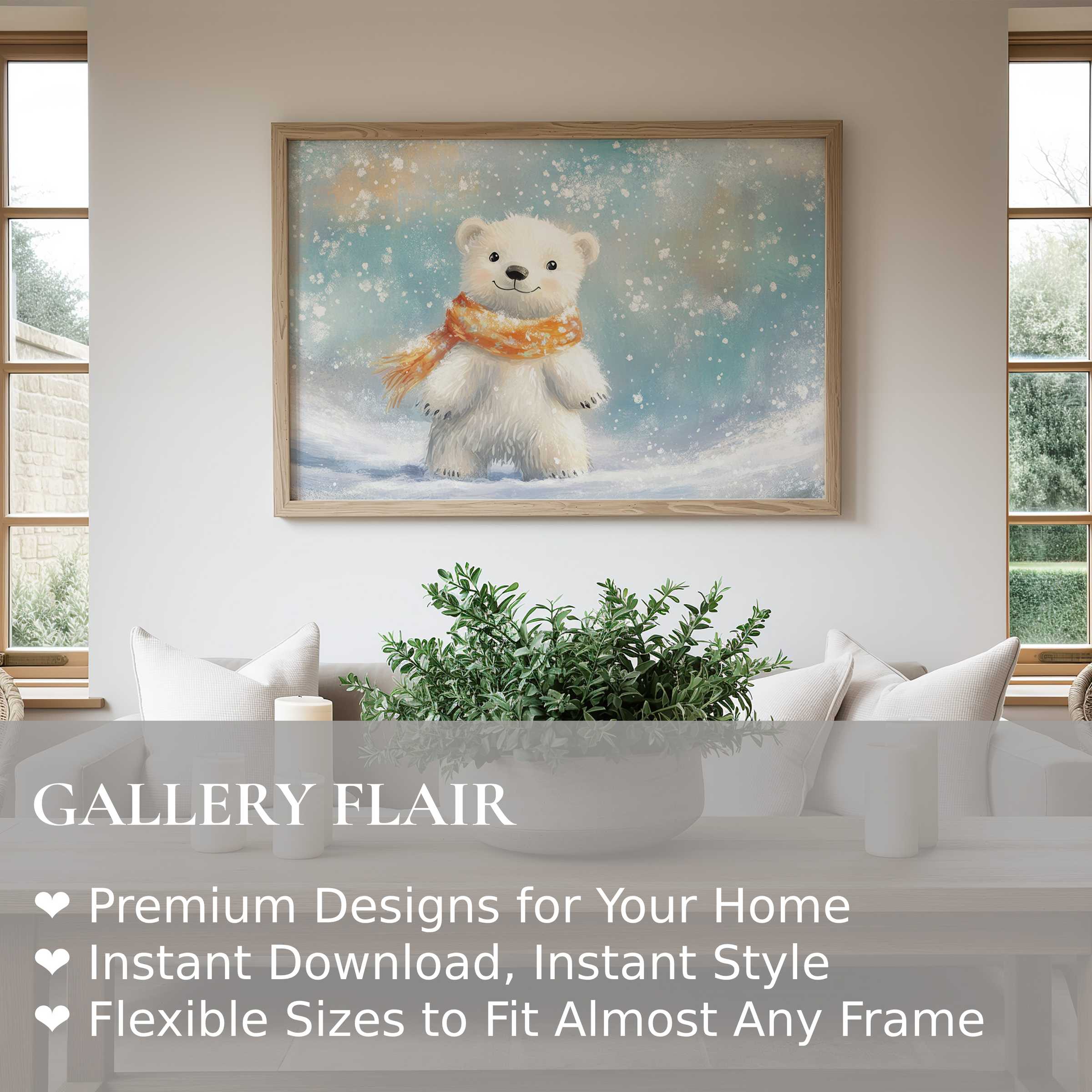 Nursery wall art print featuring a soft, radiant polar bear in snow, enhancing serene, modern Scandinavian nurseries with charming warmth