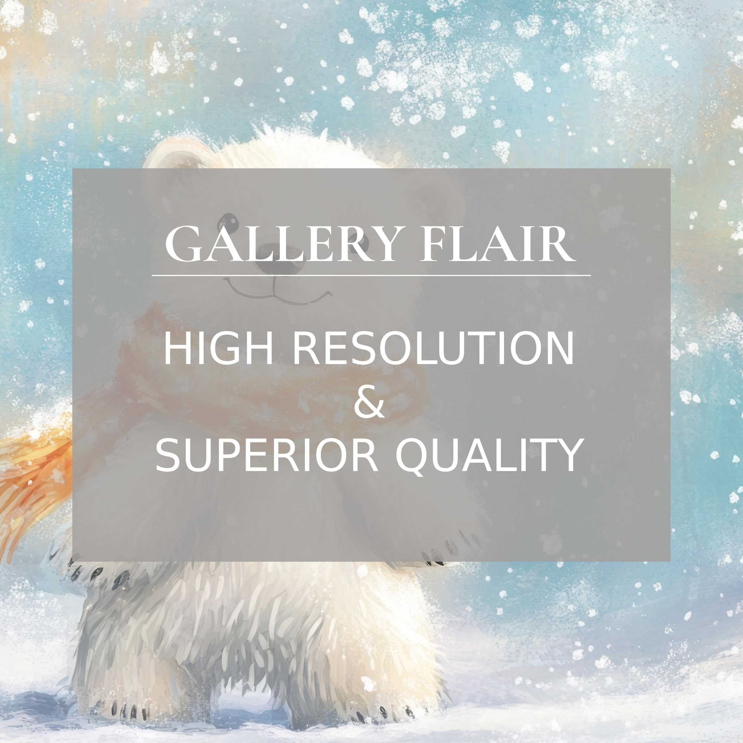 Whimsical nursery printable art of a fluffy polar bear in a serene snowy landscape, enhancing modern nursery decor with refined, high-resolution detail