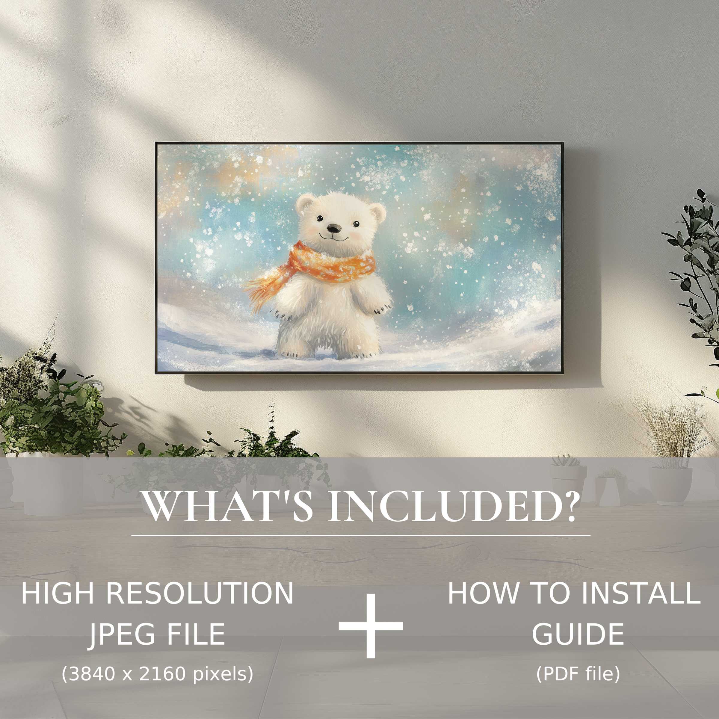 Chic nursery digital TV art download of a cozy polar bear, easy to use, enhancing modern living spaces with charm