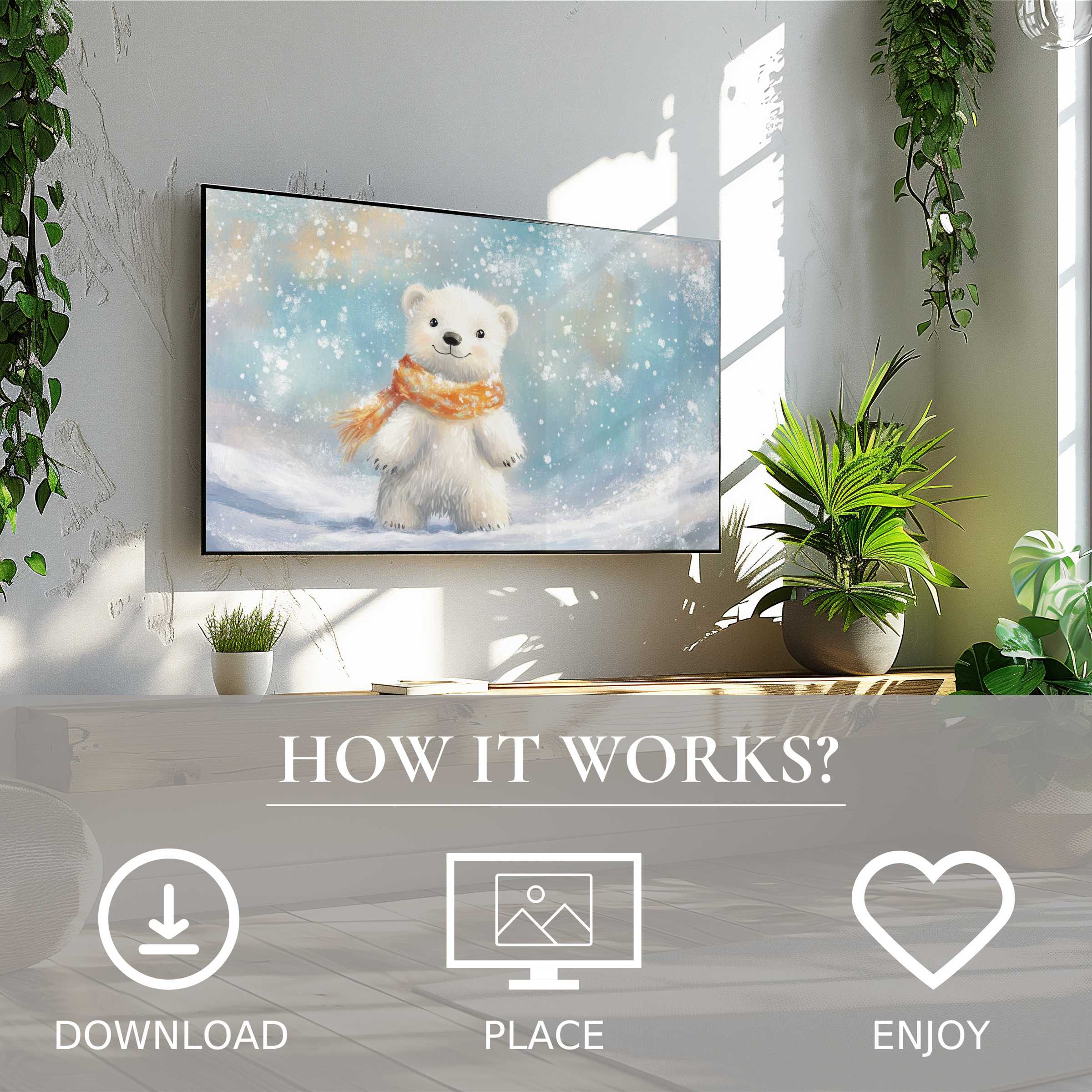 Modern nursery art for Samsung TV showing a cheerful polar bear in soft snow tones, easy digital download enriching decor