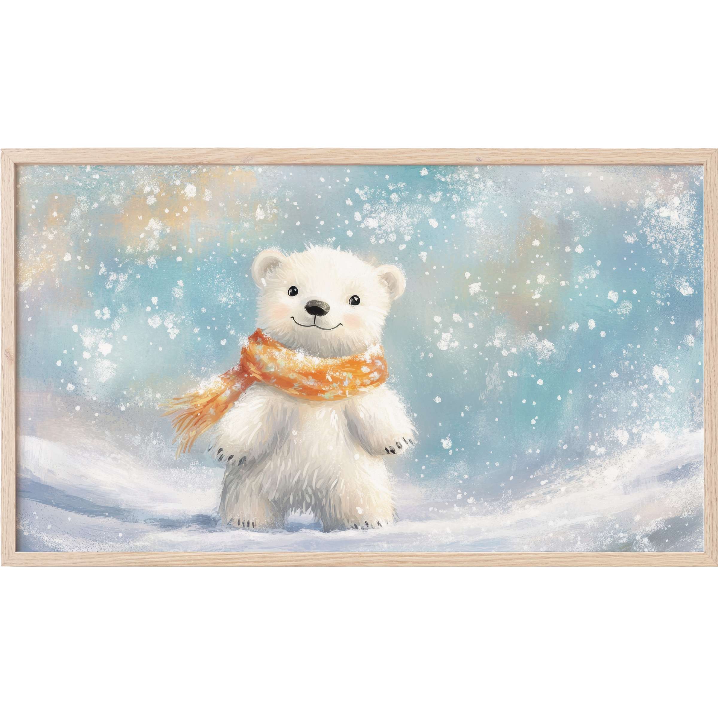 Charming polar bear in snowy pastel blues and warm orange hues, perfect nursery Frame TV Art for modern nurseries