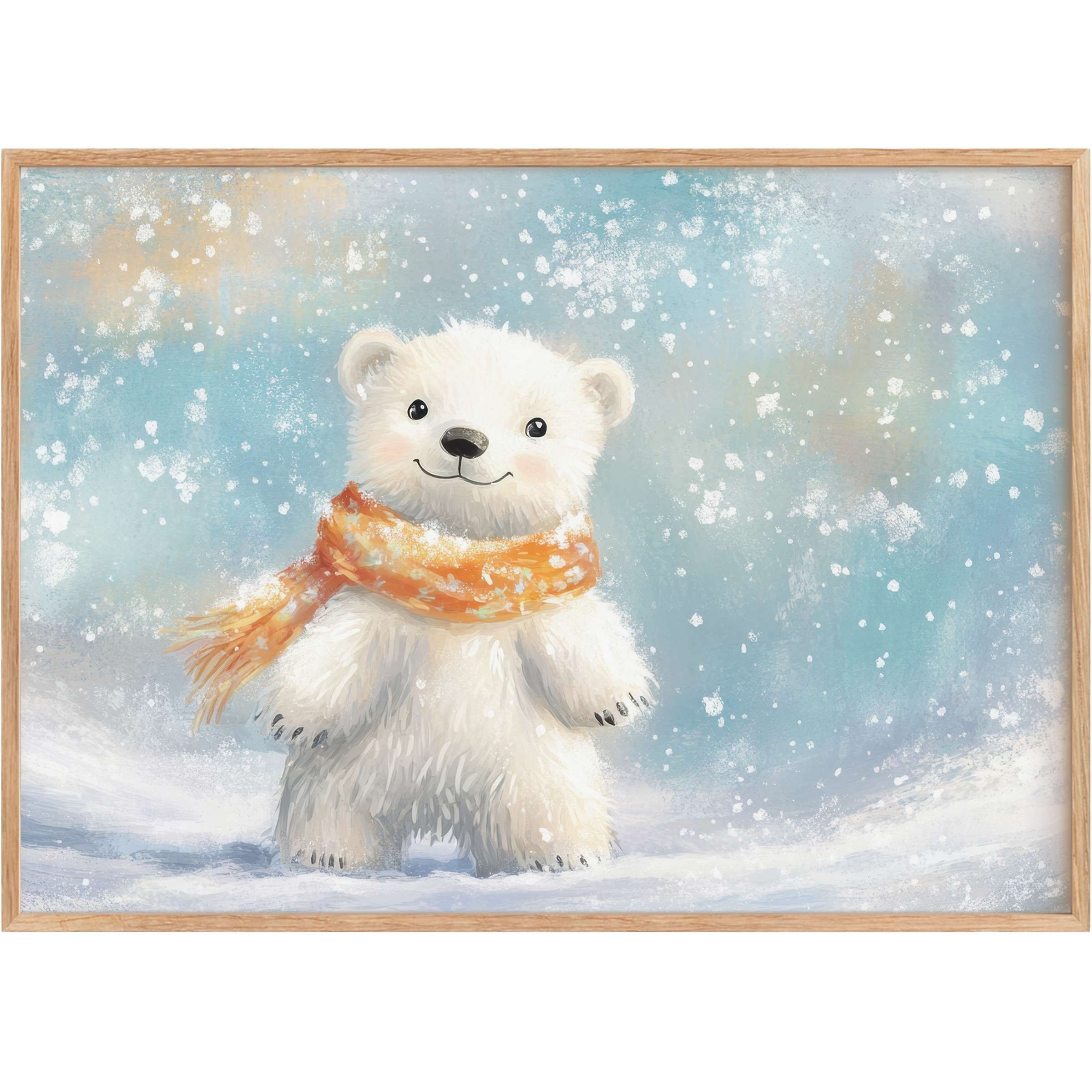 Charming nursery printable wall art featuring a snow-kissed polar bear in warm orange scarf, evoking cozy winter joy