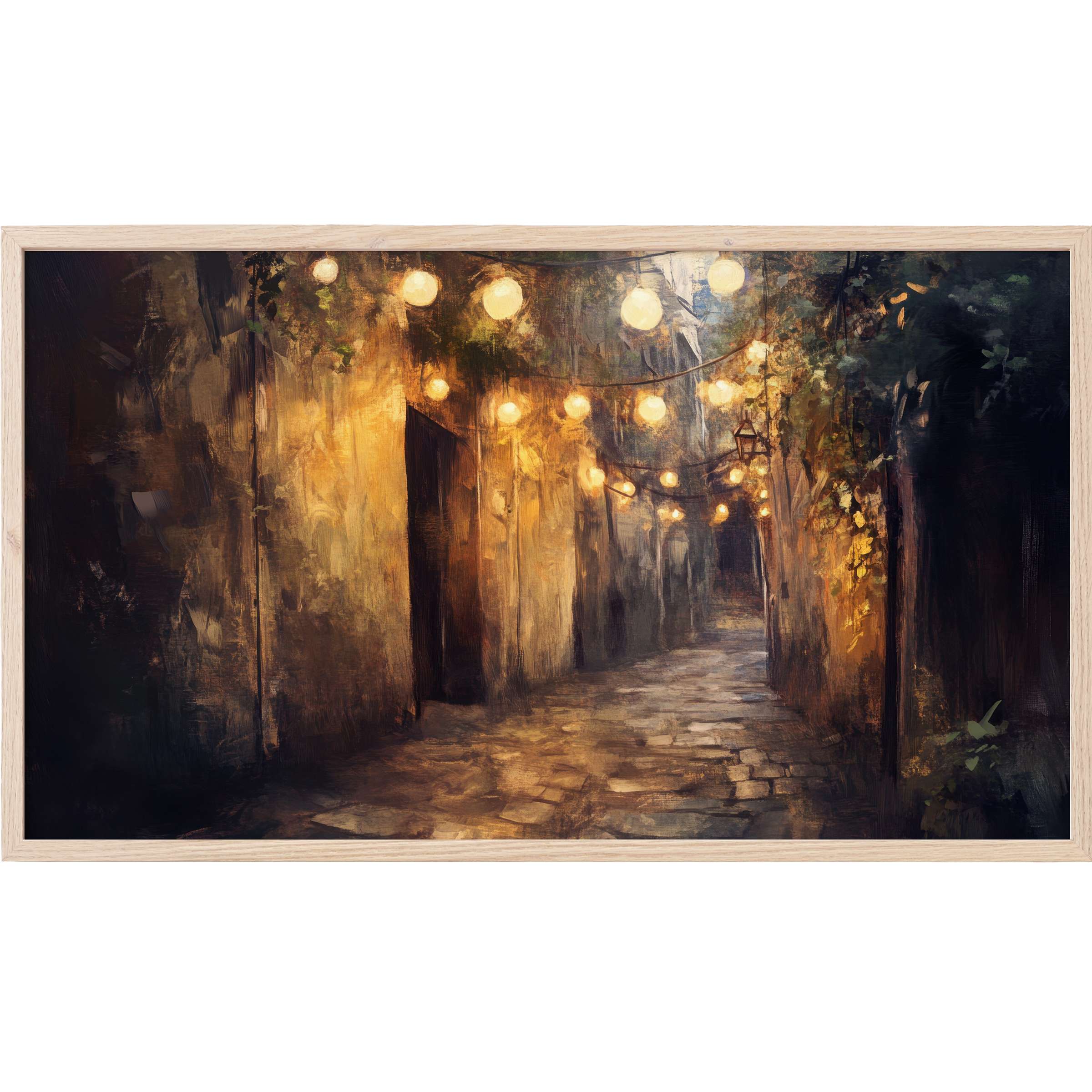 Urban Frame TV Art depicting a warm, glowing alleyway in golden tones with a painterly, atmospheric style