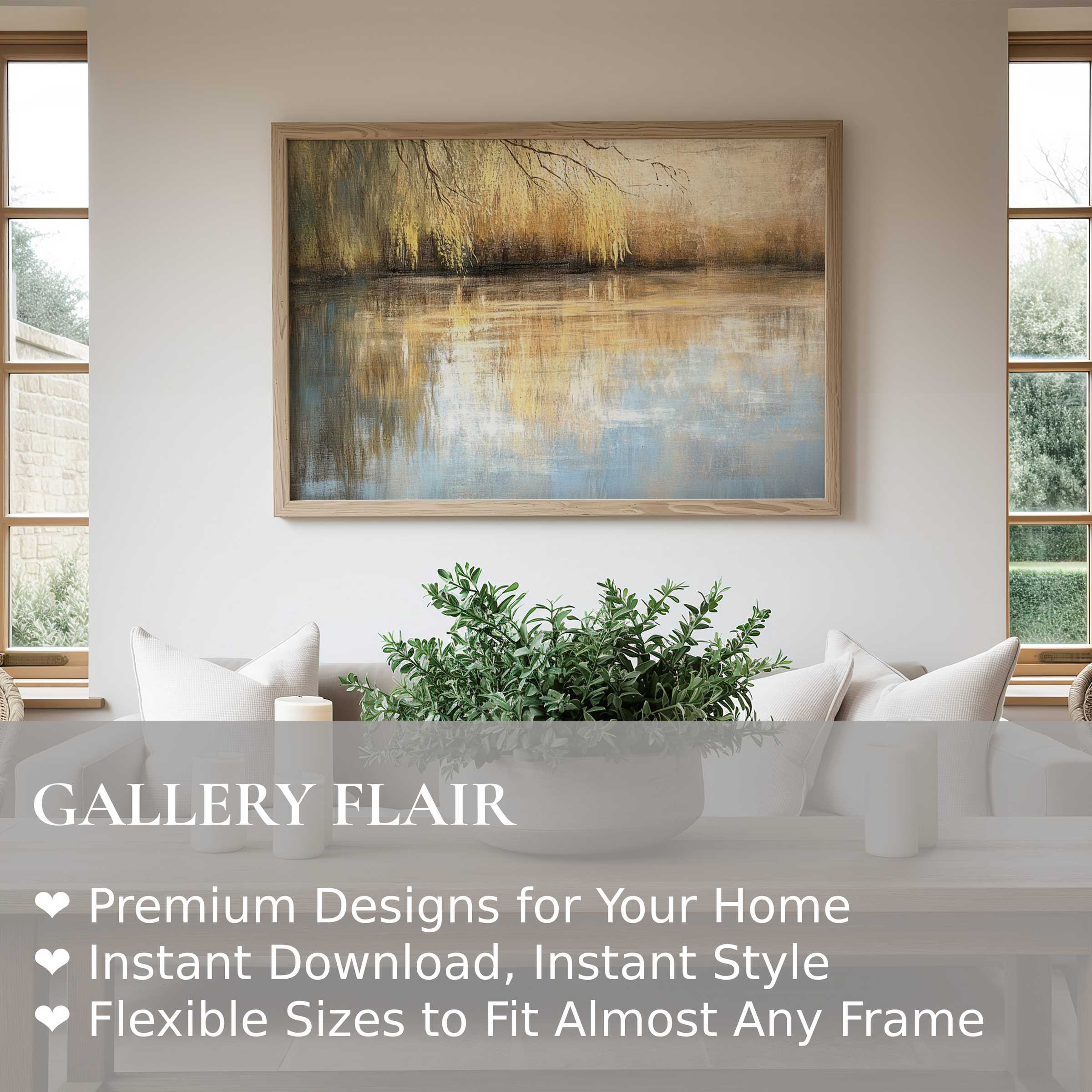 Serene tree wall art print capturing golden willow reflections over water, enhancing modern minimalist interiors with calming natural elegance