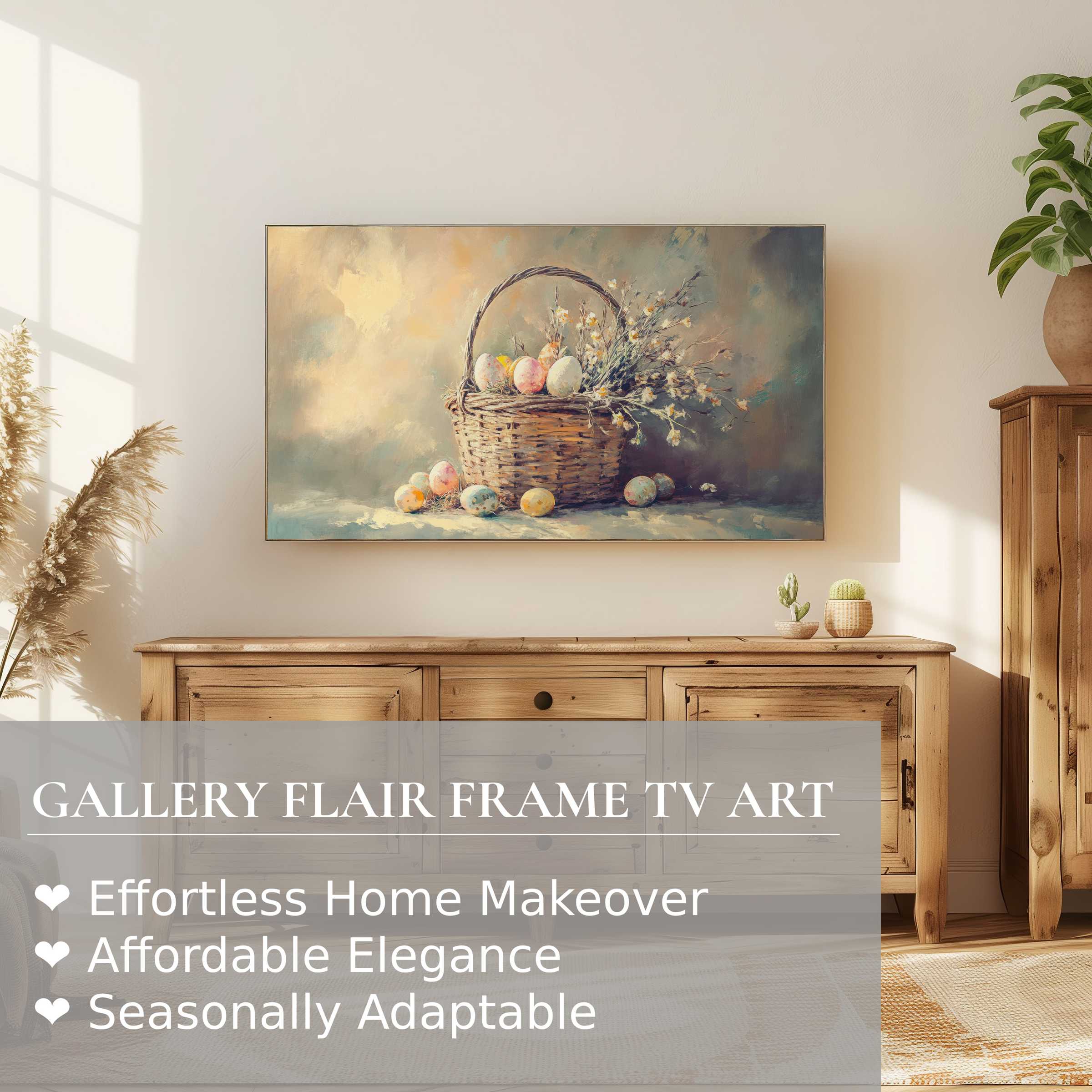 Samsung Frame TV displays elegant easter digital artwork with a basket of eggs in a stylish, warm rustic setting