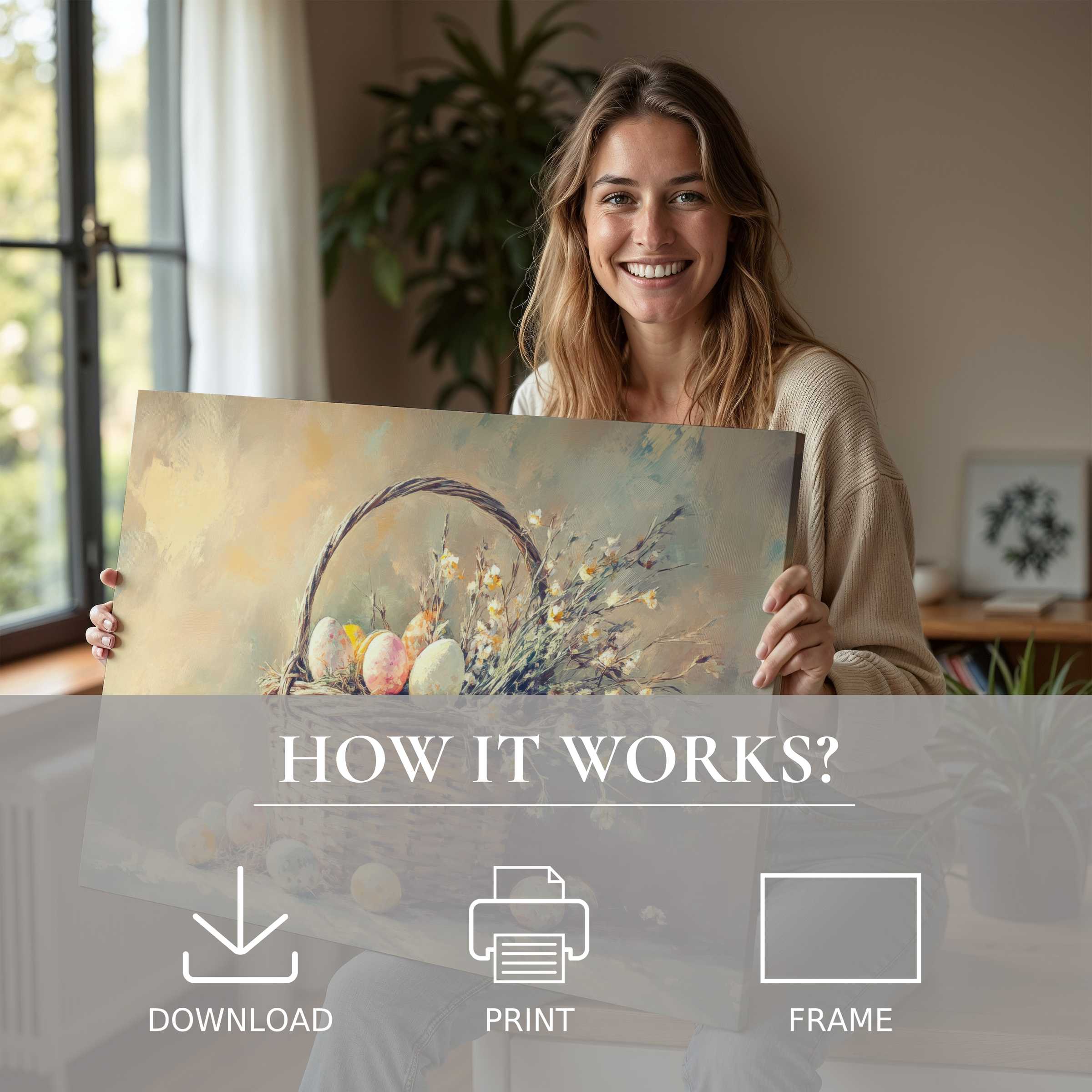 A joyful moment in a sunlit modern home, where serene easter digital art print enhances peaceful living spaces with effortless elegance