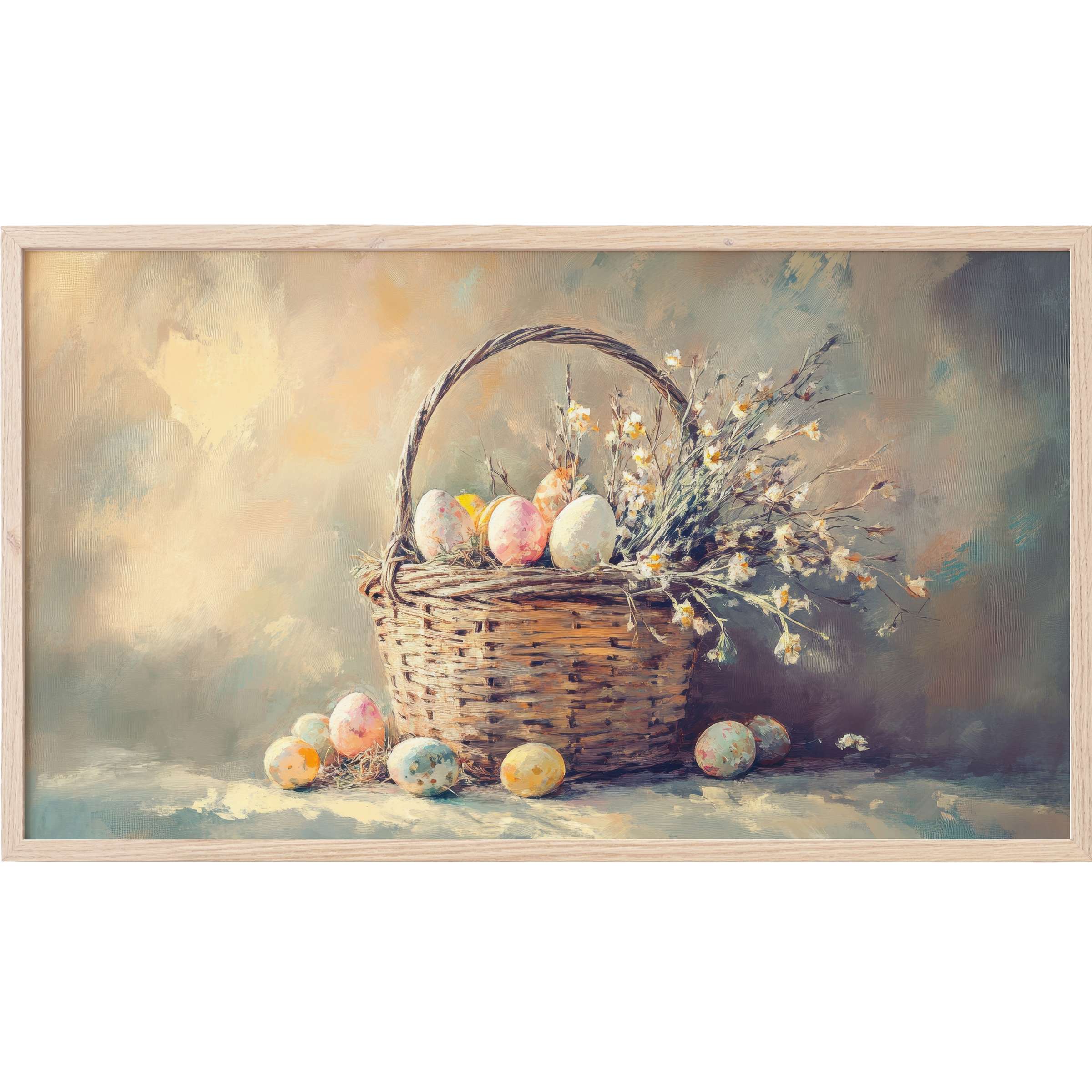 Soft pastel hues and delicate florals crown a rustic basket of eggs in this elegant easter Frame TV Art