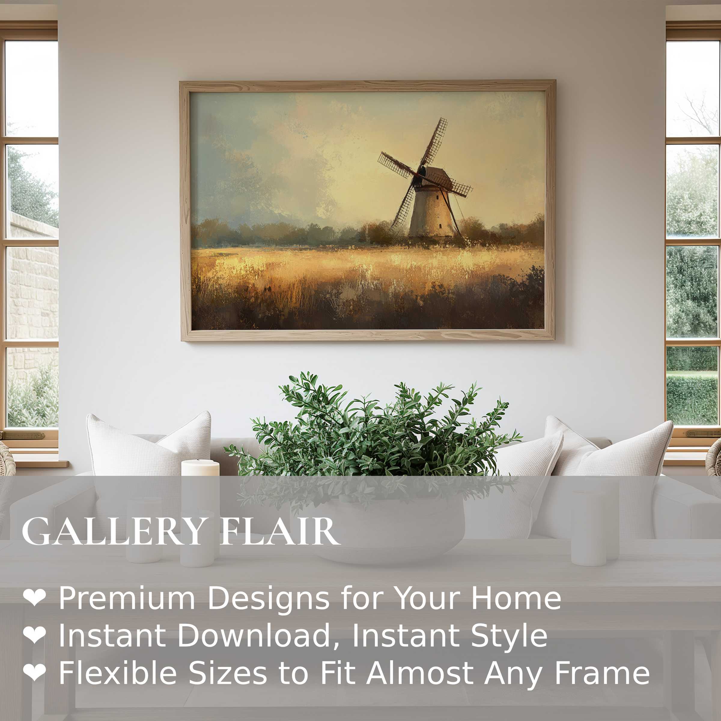 Farmhouse wall art print featuring a radiant windmill landscape, enriching modern rustic interiors with warm, calming farmhouse charm
