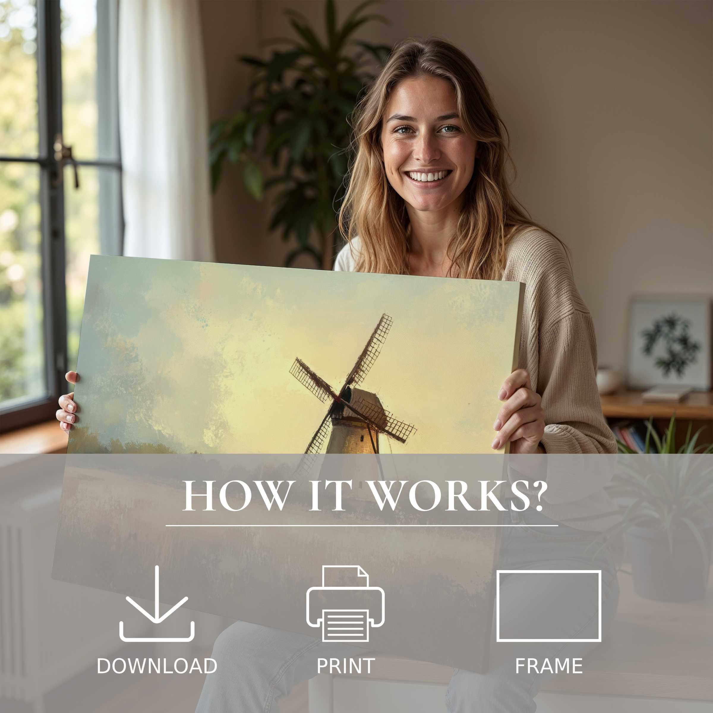 Radiant woman in a serene home, embracing farmhouse digital art print-effortless elegance transforming living spaces with joy