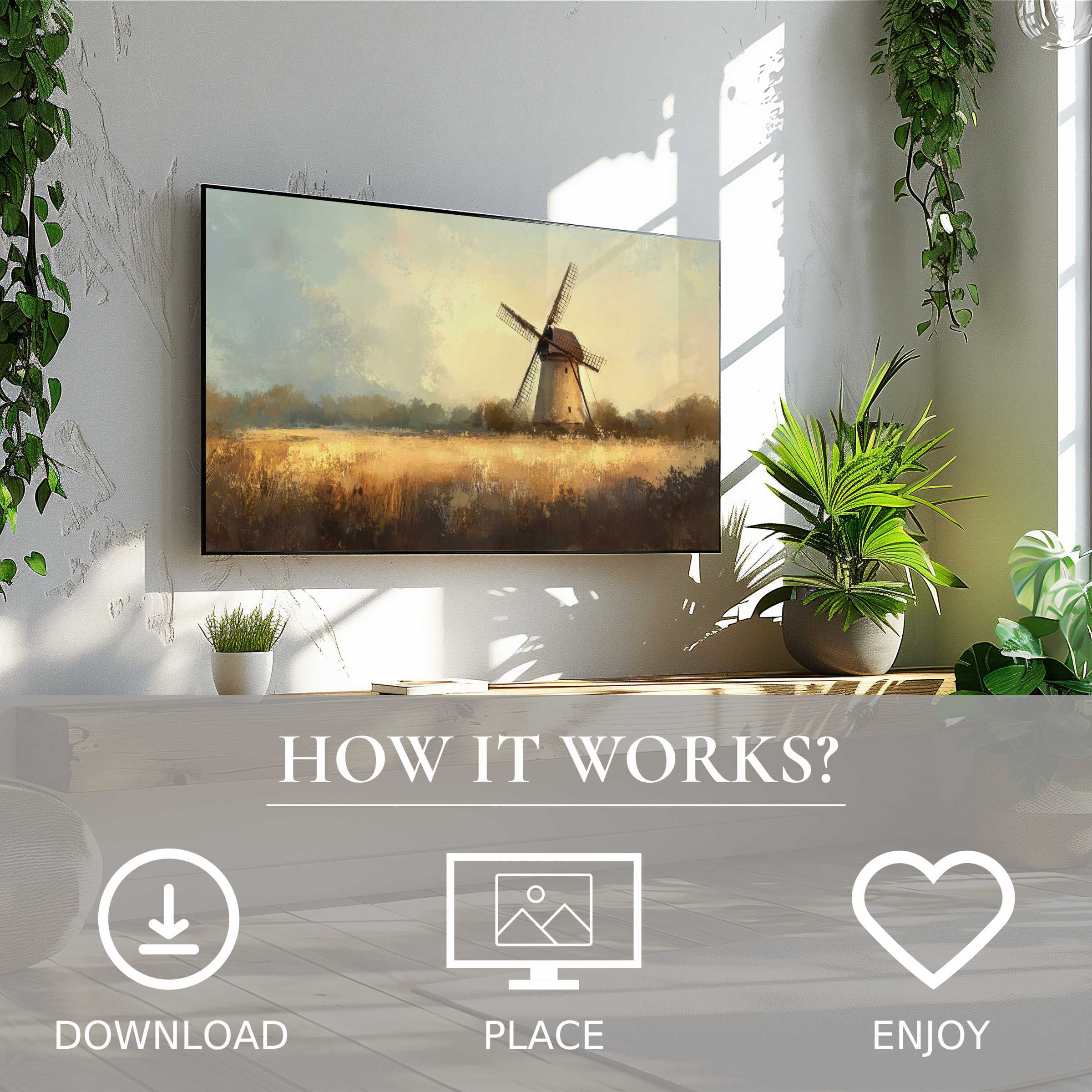 Farmhouse art for Samsung TV showing soft sunset tones and a windmill; easy digital download enriches modern living spaces