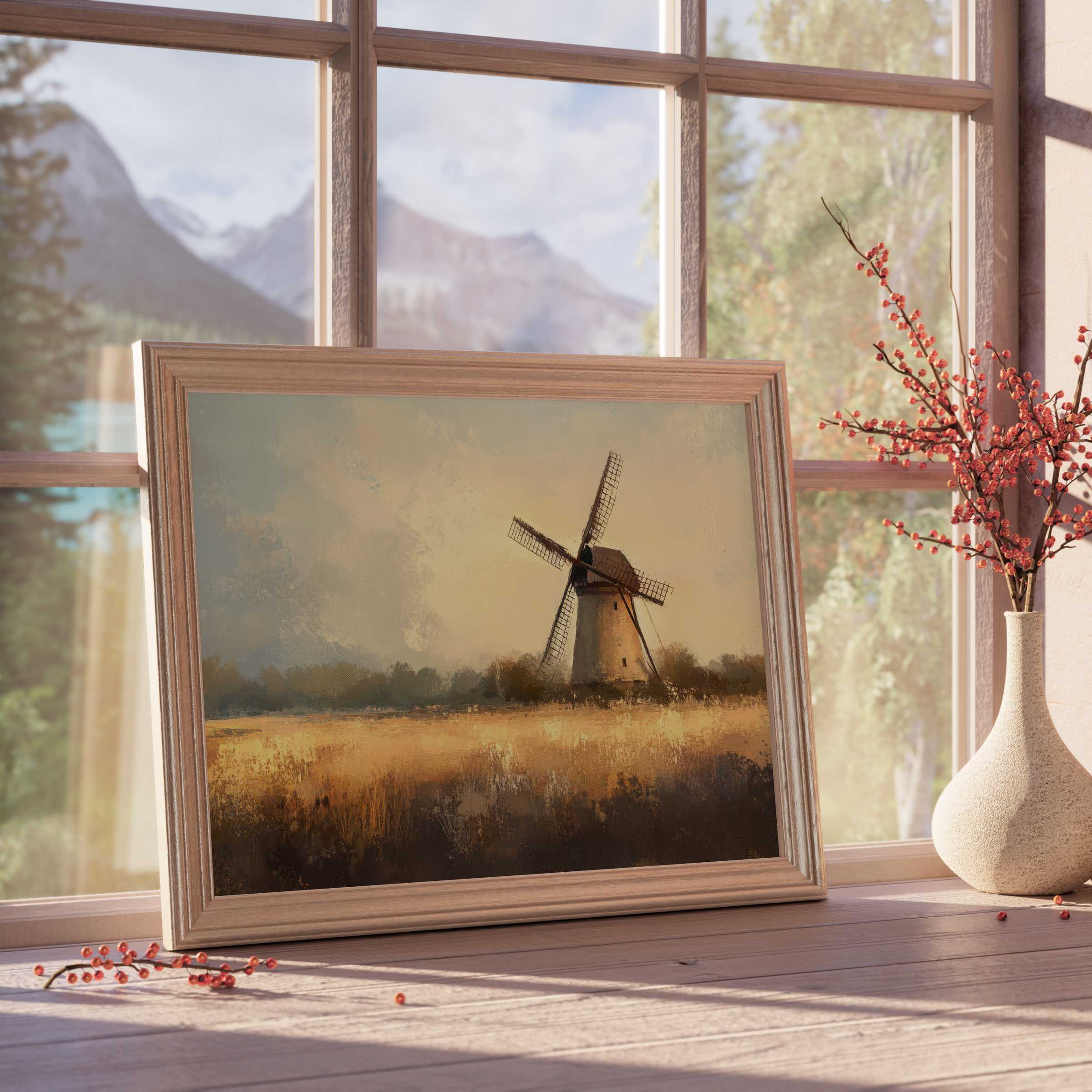Rustic farmhouse downloadable art capturing a serene windmill at dusk, infusing warm ambiance into curated, tranquil interiors