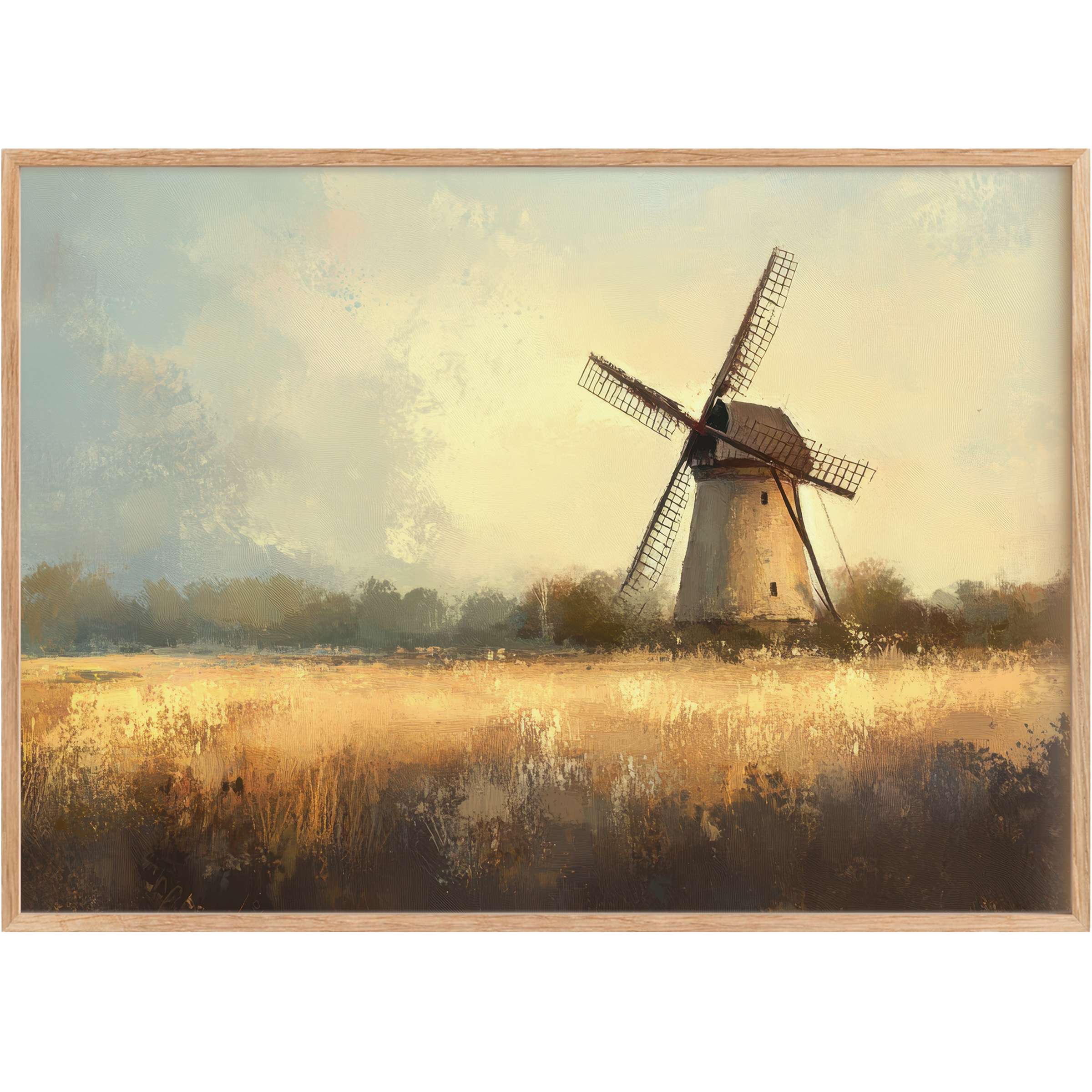 Timeless farmhouse printable wall art featuring a serene windmill at dusk, with golden fields and soft blue skies, evoking warmth and tranquility