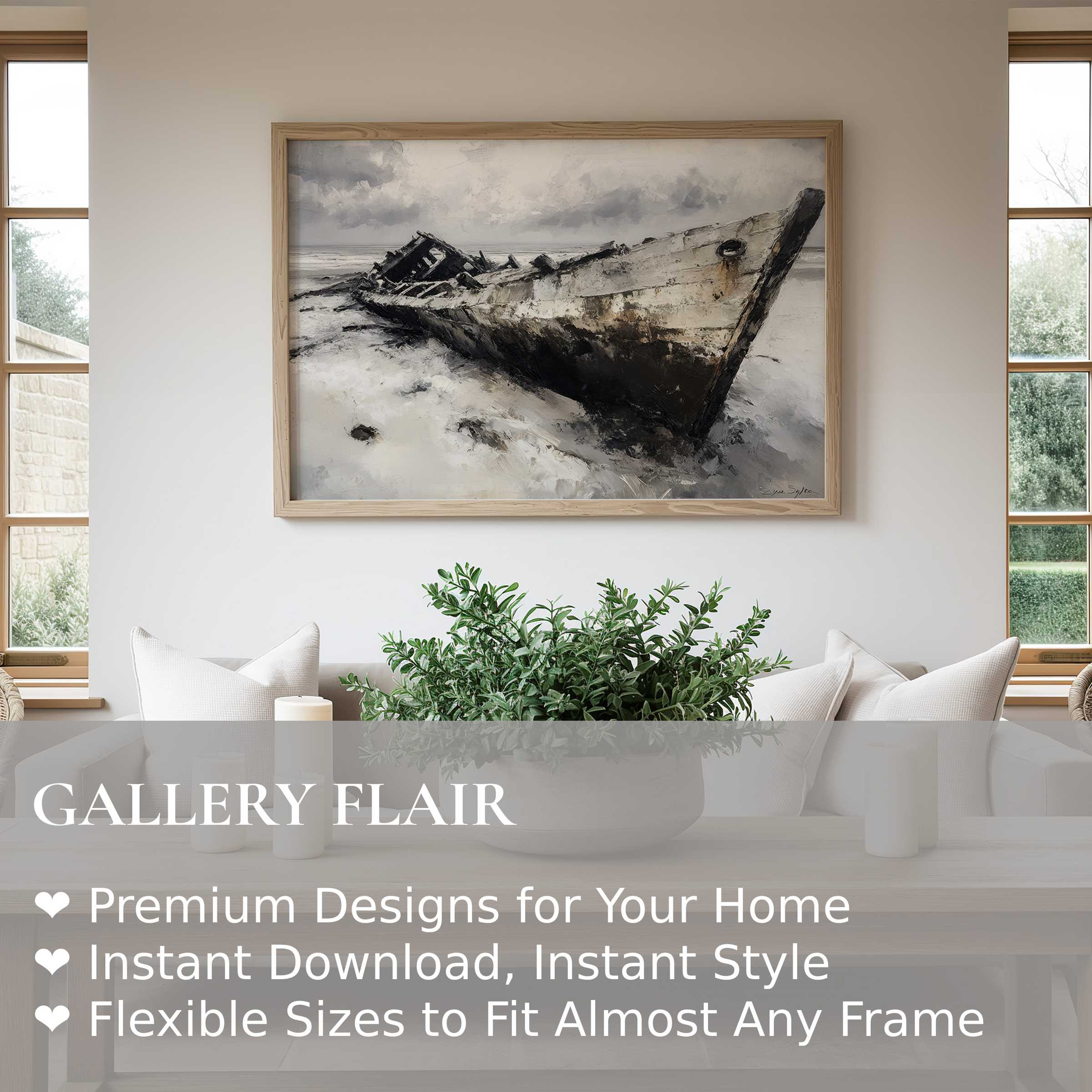 Coastal wall art print of a weathered shipwreck evokes a serene, timeless mood in a modern, minimalist living room