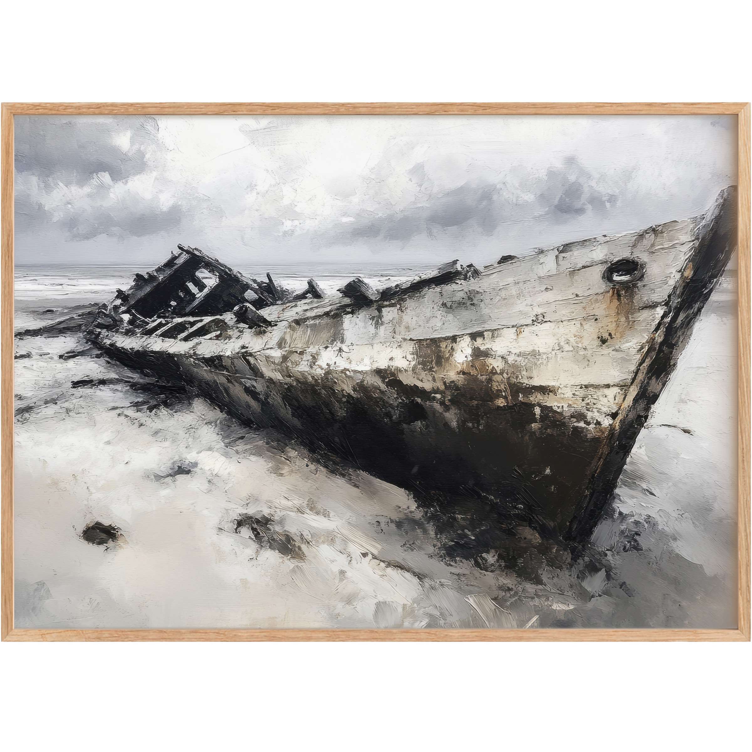 Coastal printable wall art captures a hauntingly serene shipwreck in muted greys and sandy tones, evoking reflective calm