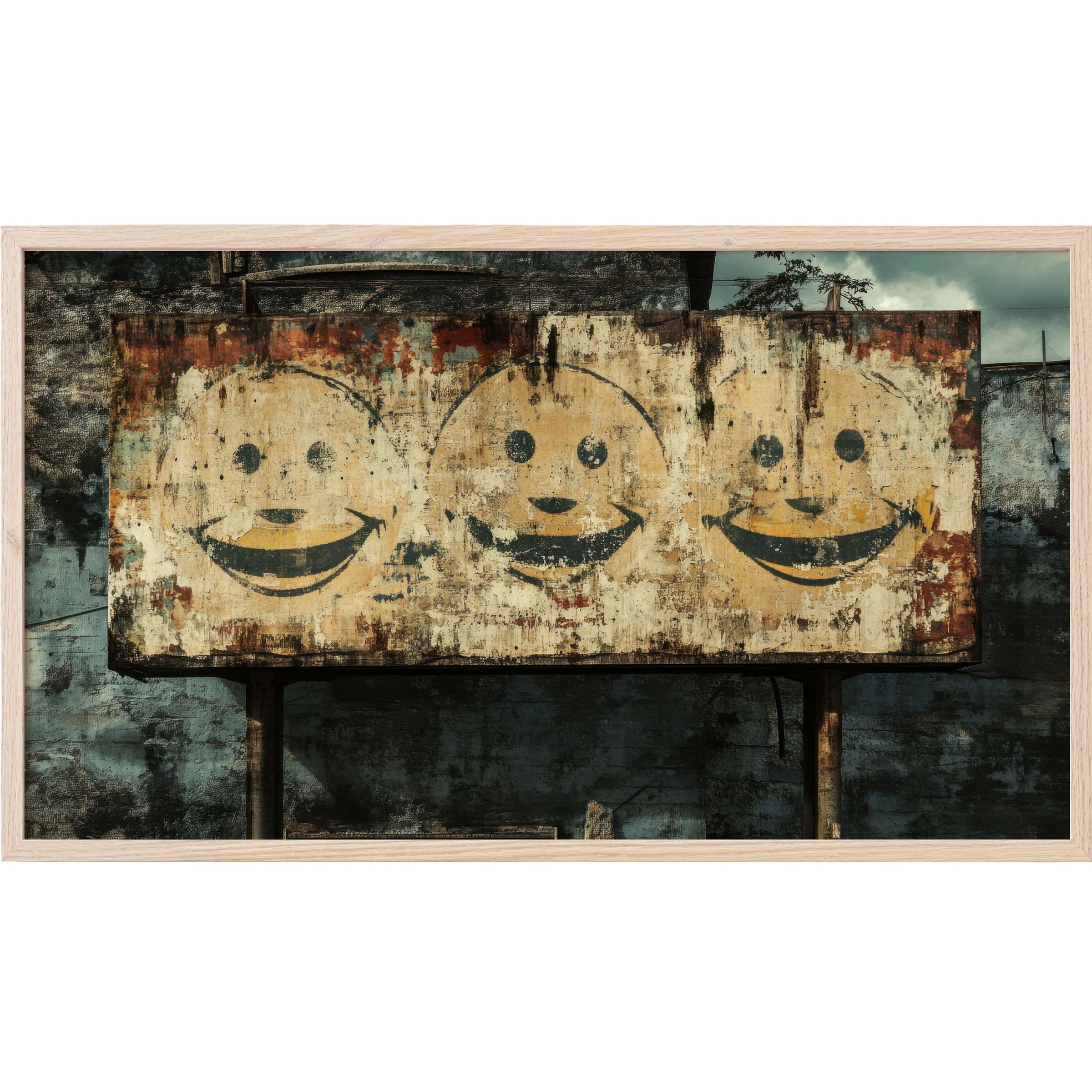 Rustic triptych of faded smiley faces in warm ochre and black tones, a gritty street art Frame TV Art statement piece
