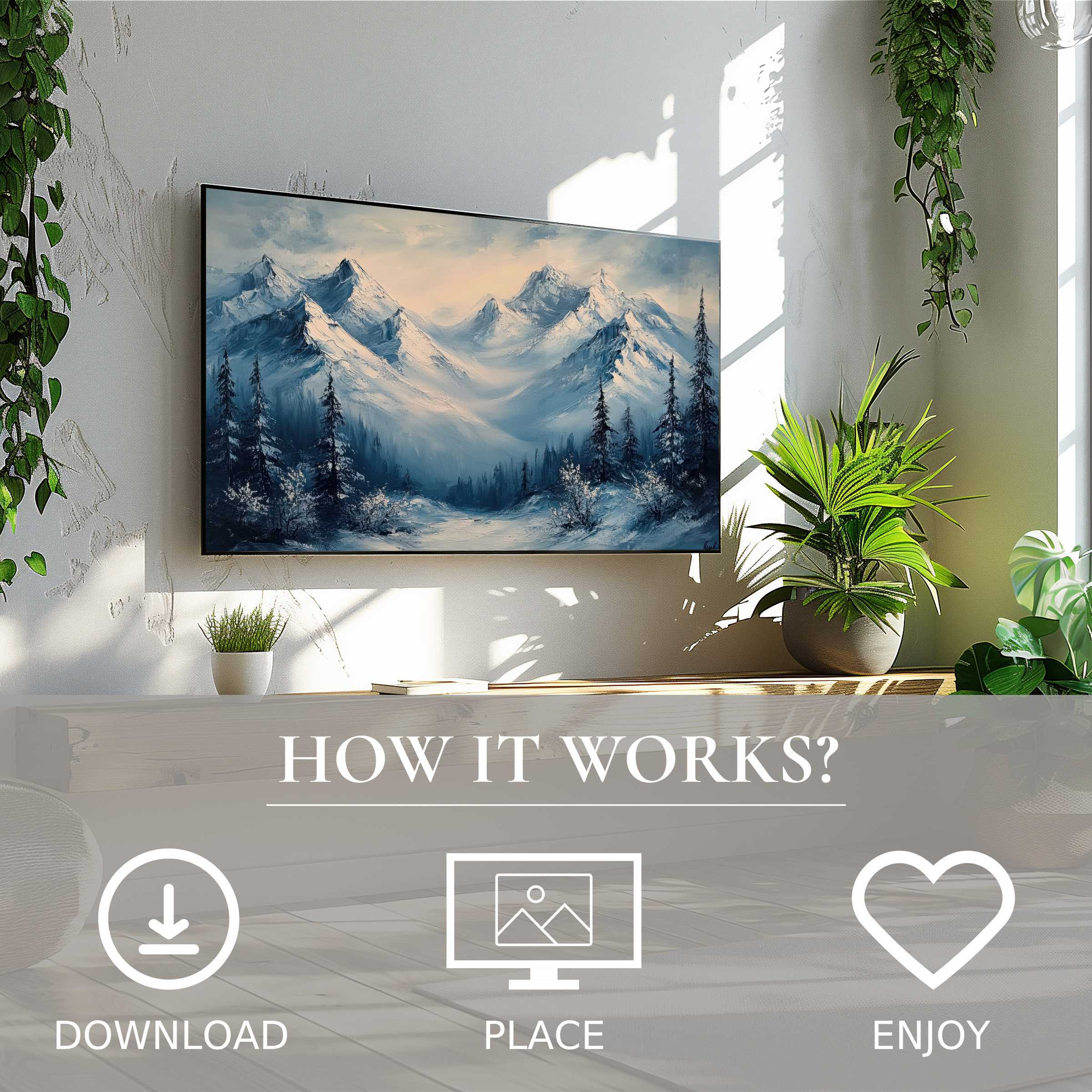 Modern living room with landscape art for Samsung TV, soft blue mountain hues, easy digital download enhances space