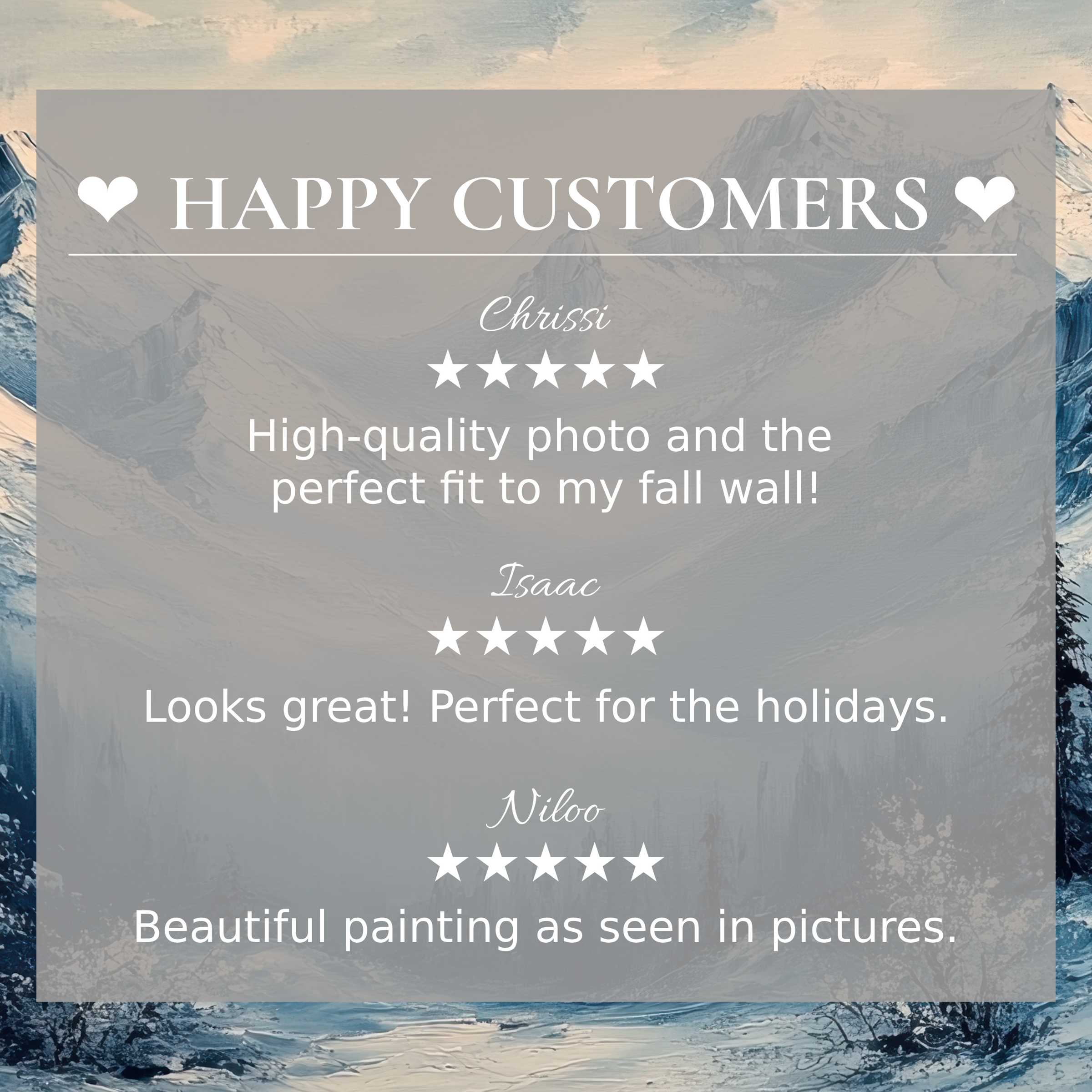 Refined landscape art for Frame TV with abstract mountain hues; happy customer reviews build trust and elegance