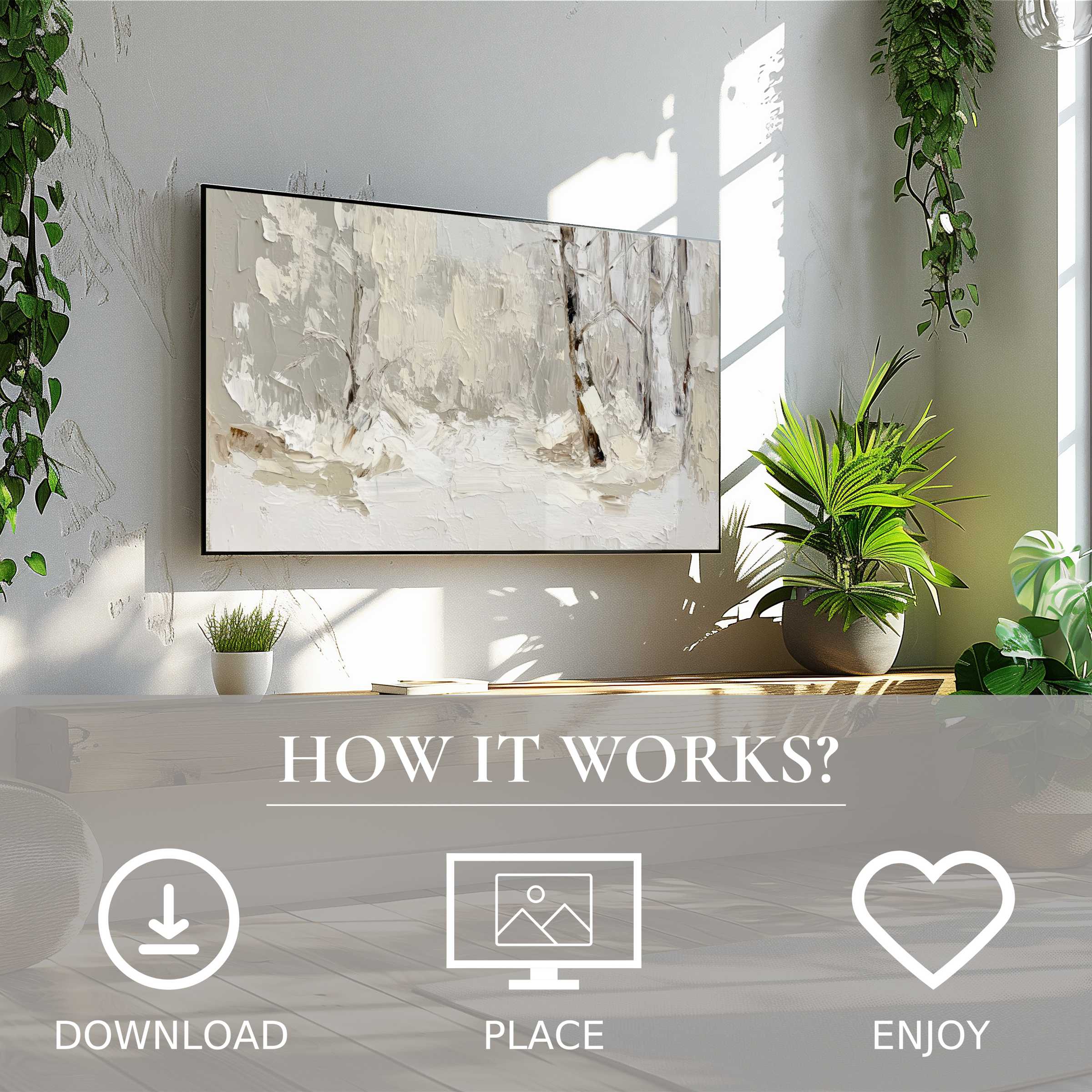 Vintage art for Samsung TV shows soft winter tones; easy digital download enriches your modern living space