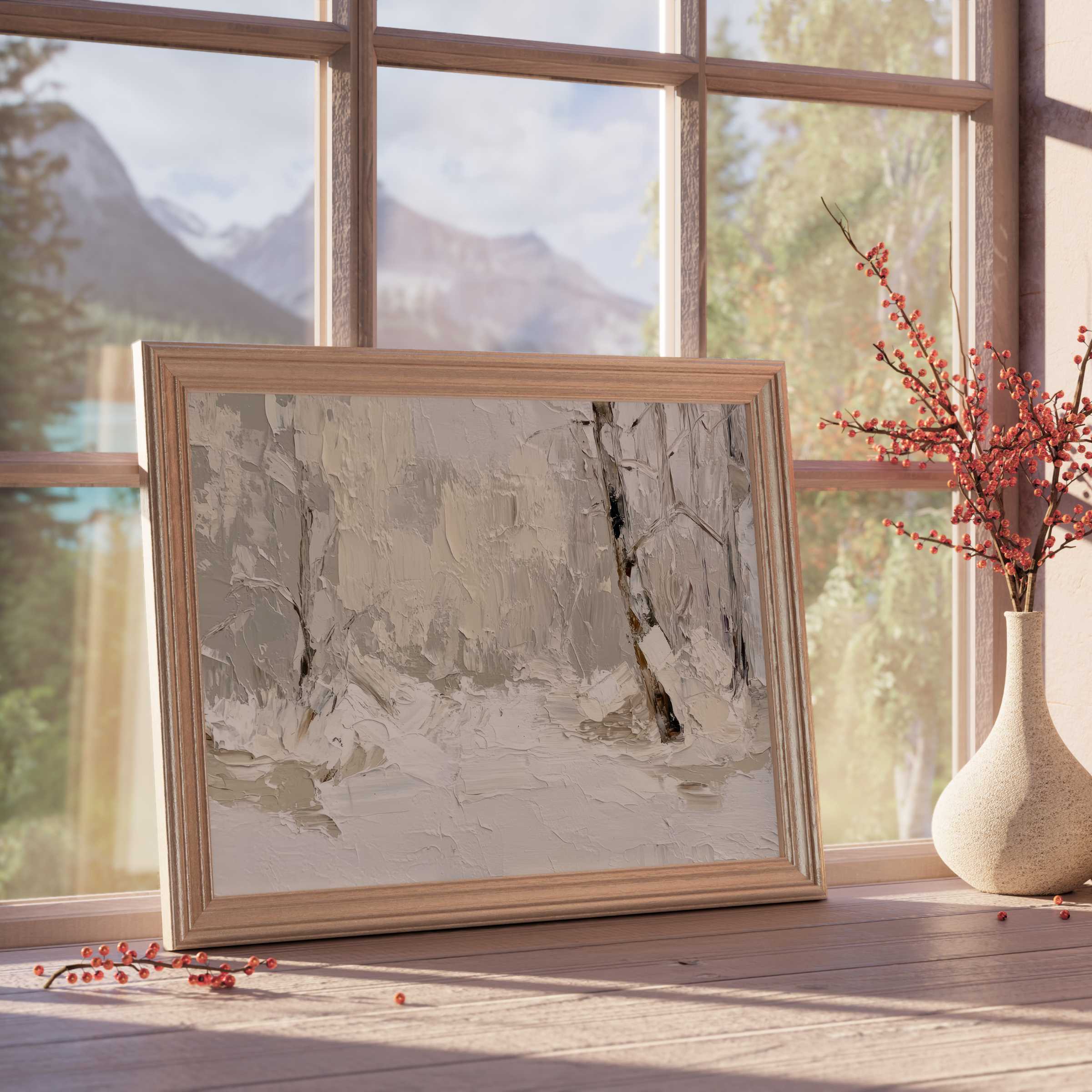 Winter's quiet embrace captured in vintage downloadable art, perfect for enhancing serene, curated home decor with textured elegance