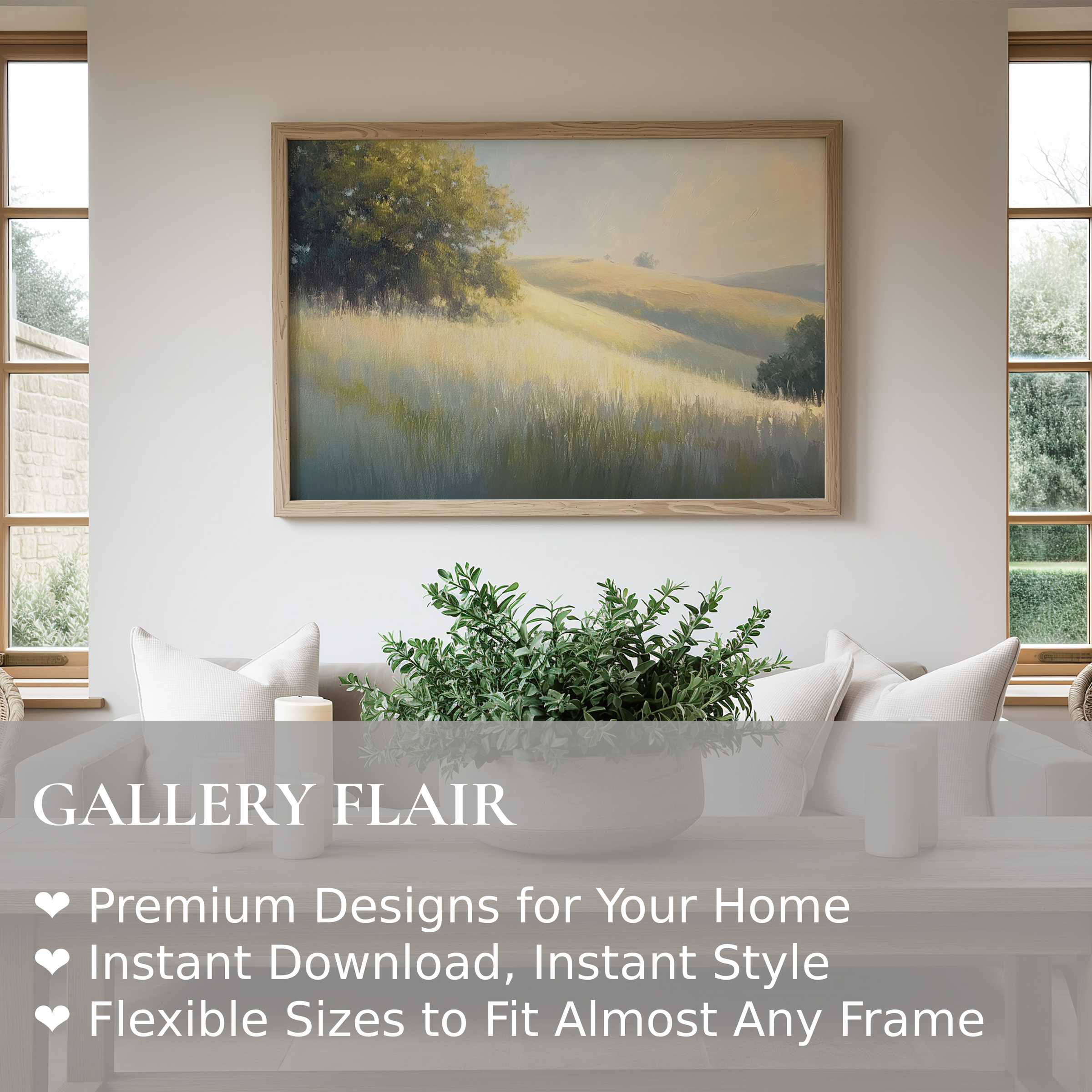 Summer wall art print of sunlit rolling hills and trees, evoking a calm, radiant mood in a modern minimalist living room
