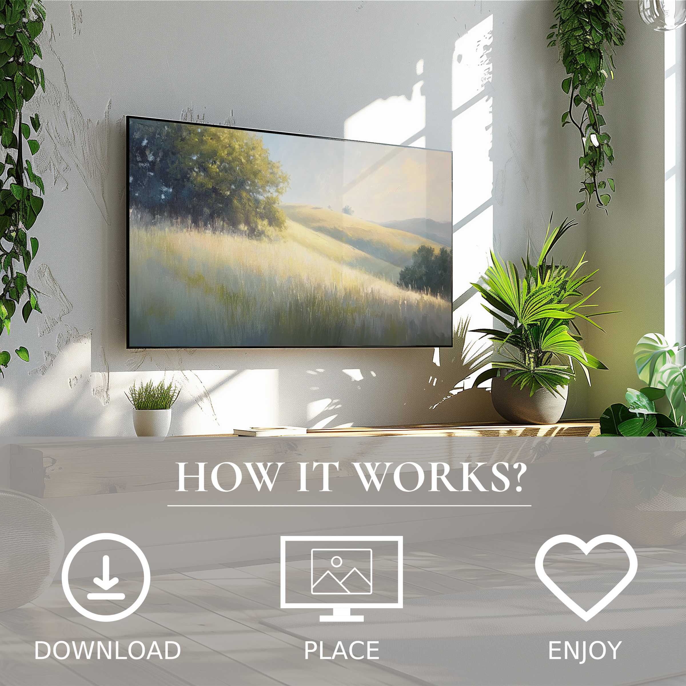 Summer art for Samsung TV shows soft sunset tones on a serene hillside, easy digital download enriches modern space