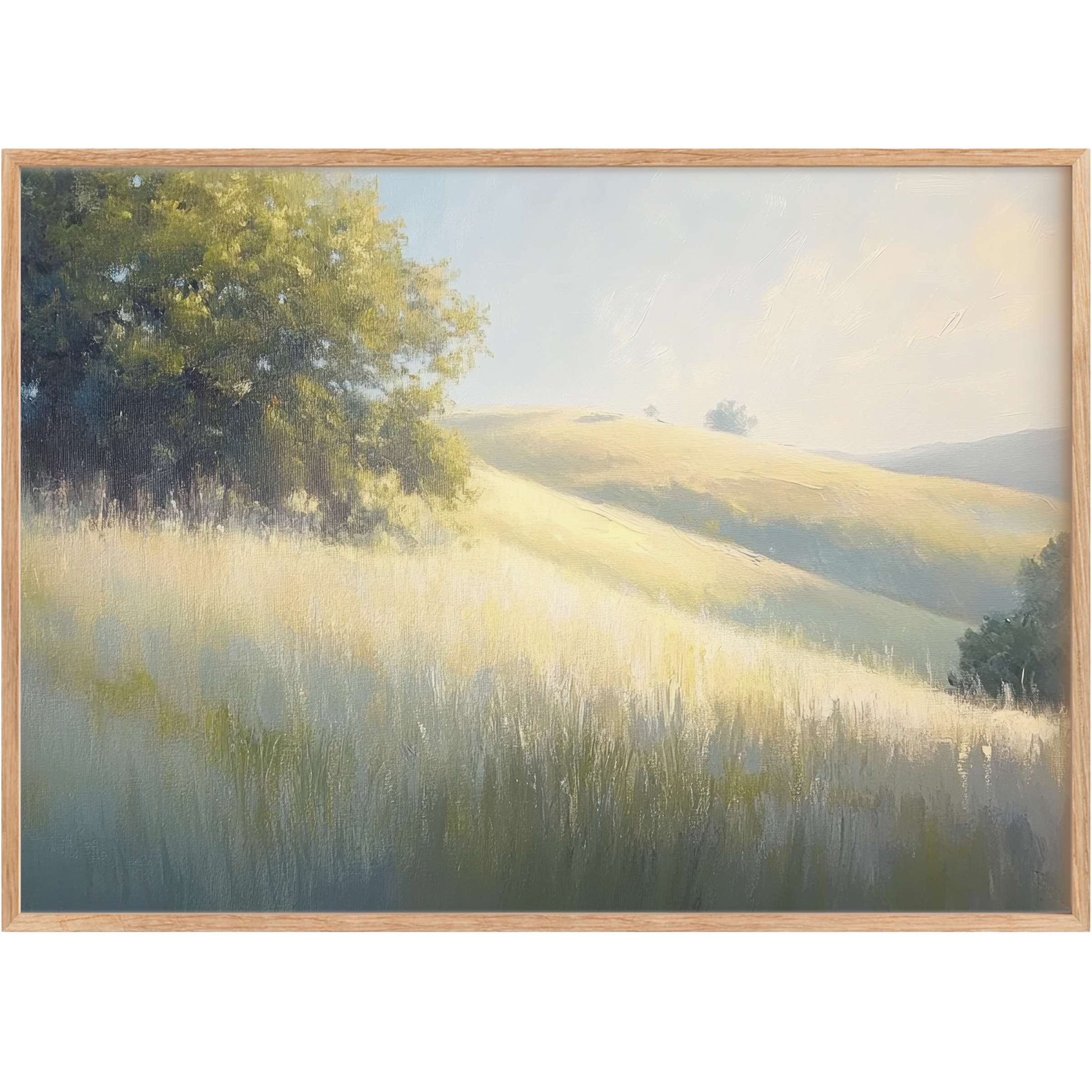 Sun-drenched hills and soft green trees evoke calm serenity in this summer printable wall art, perfect for elegant interiors