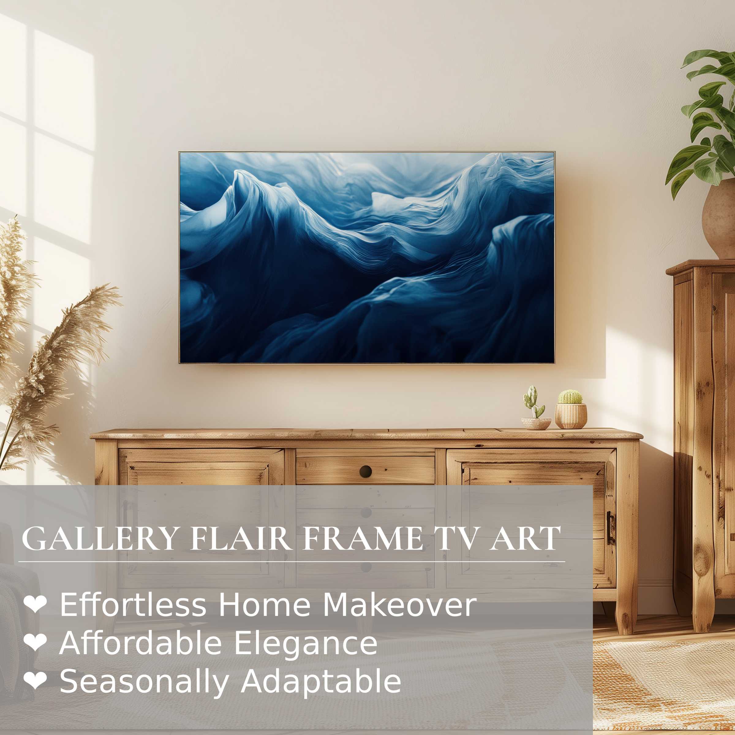 Samsung Frame TV displays modern digital artwork in a serene, natural wood setting with elegant decor accents