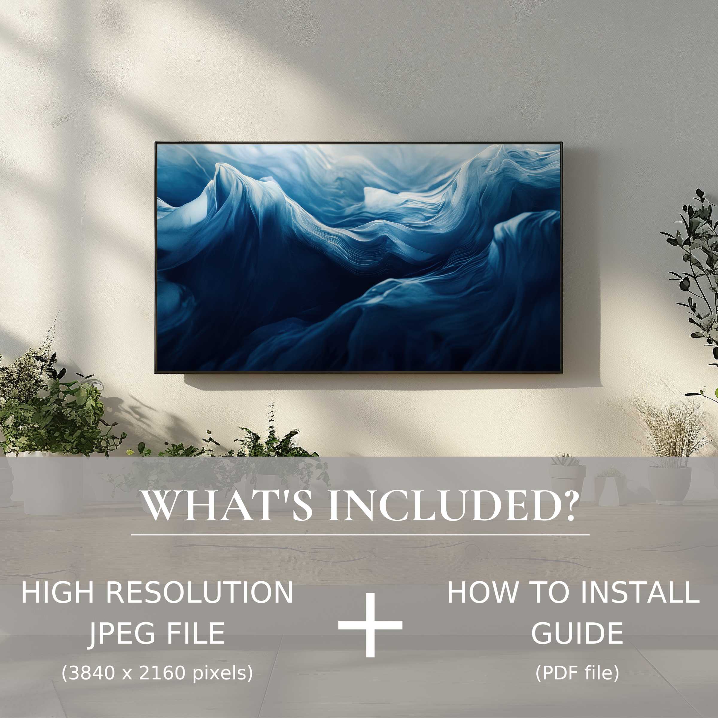 Modern digital TV art download featuring serene blue waves, easily enhancing your elegant living space digitally