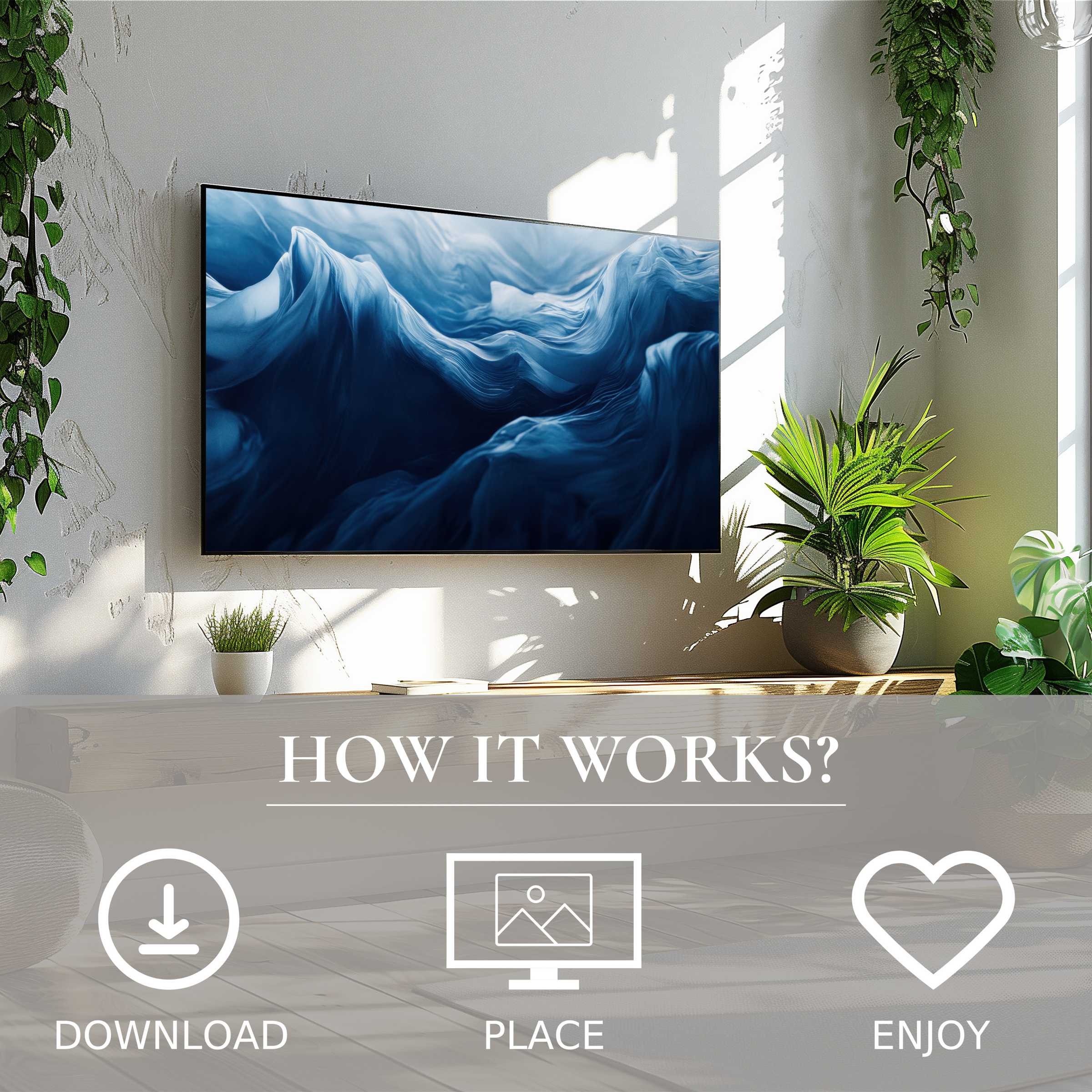 Modern art for Samsung TV showing deep blue color flow on Frame TV, easy digital download enriches your stylish living space