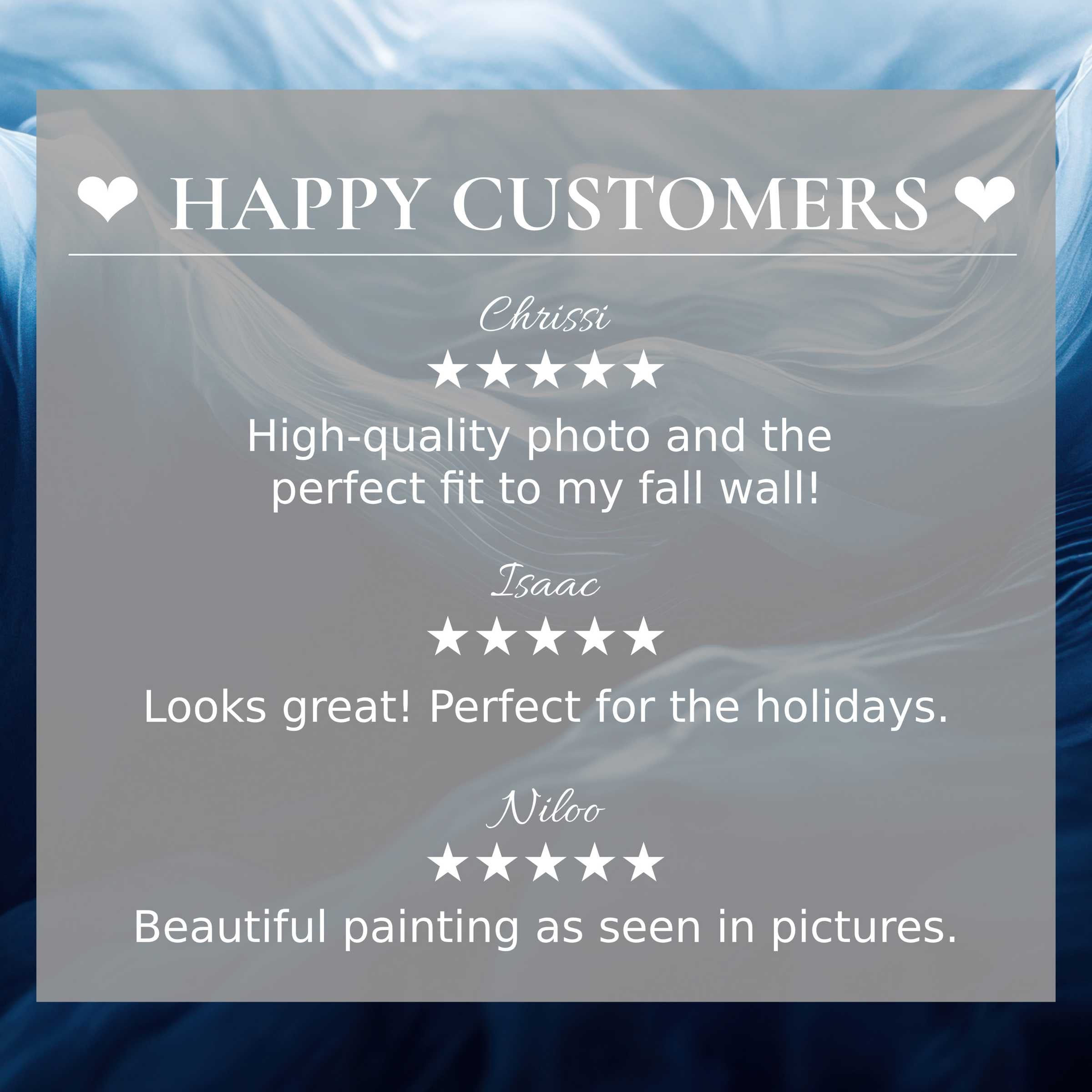 Modern art for Frame TV with abstract blue waves, showcasing happy customer reviews that inspire trust and elegance