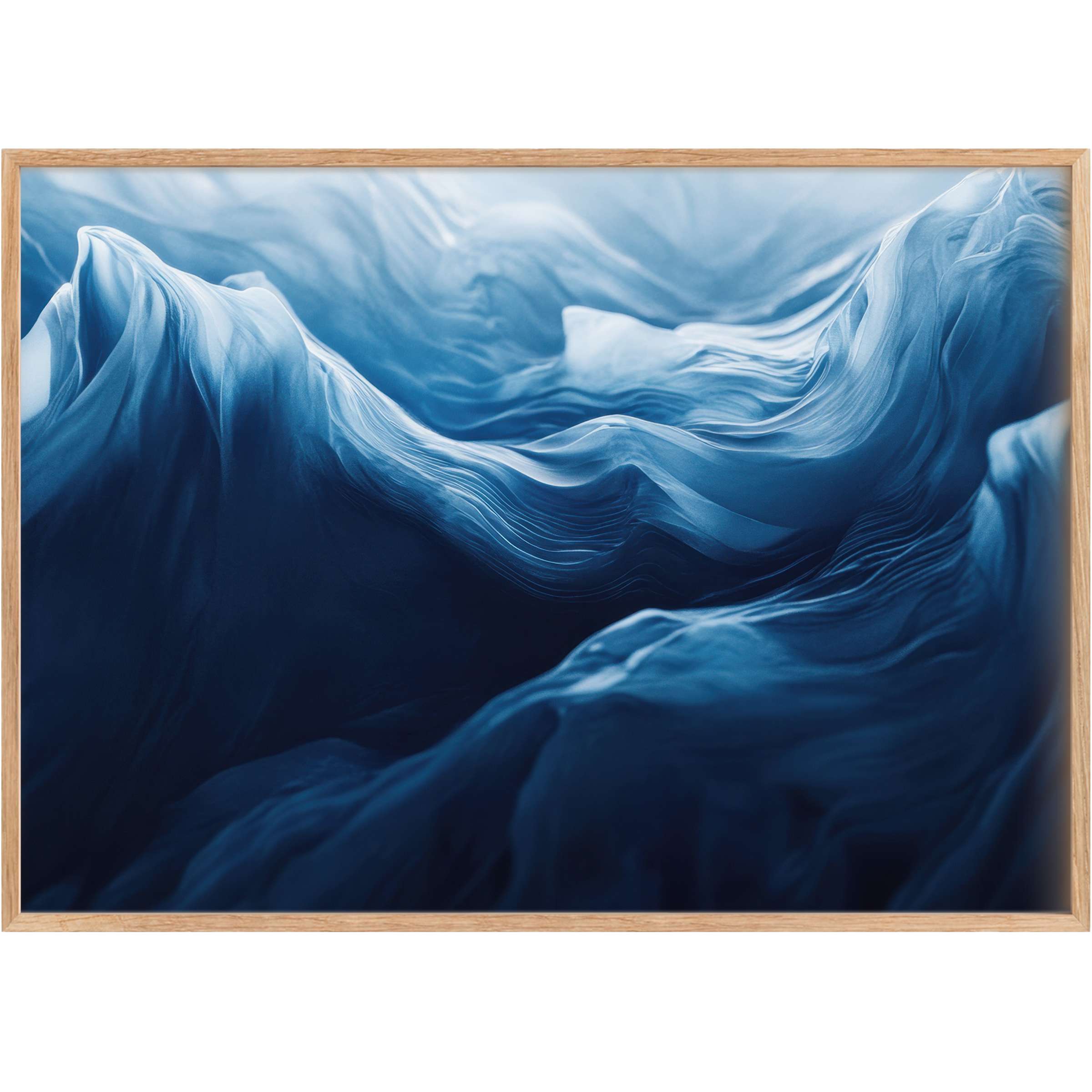 Modern printable wall art featuring fluid, oceanic blues and soft waves, evoking a serene, immersive calm