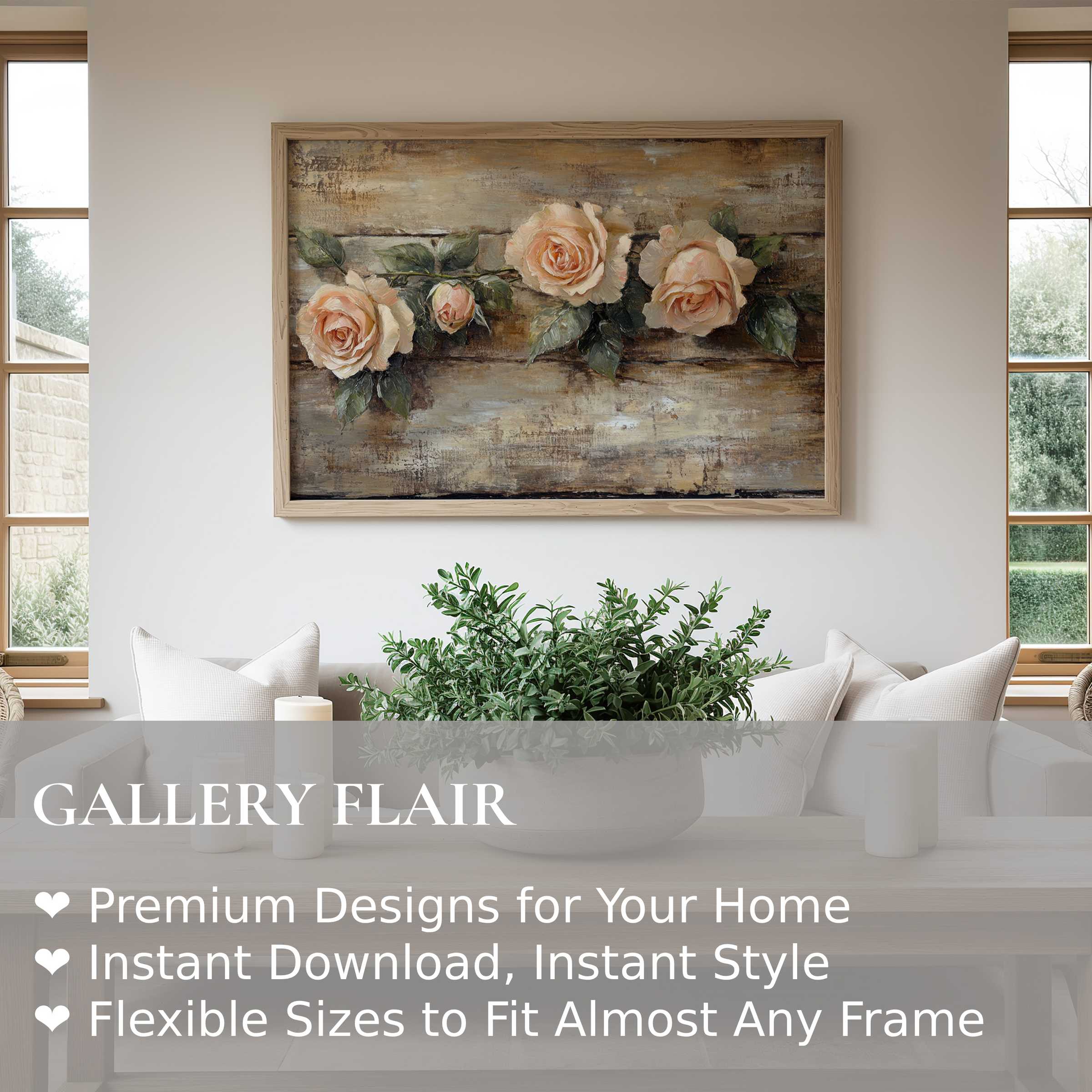 Elegant floral wall art print featuring soft blush roses against rustic textures, radiating timeless charm in a modern farmhouse living room