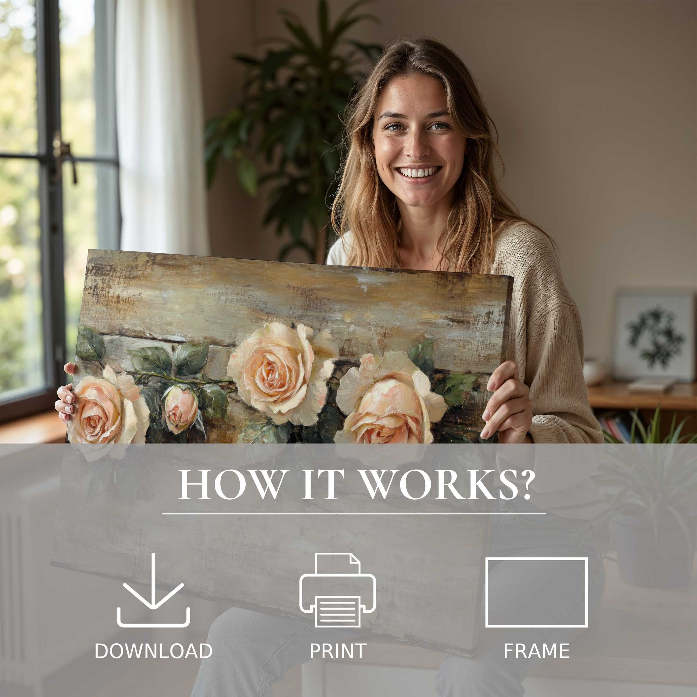 A serene moment showcasing a floral digital art print of soft peach roses, evoking warmth and joy in a modern home