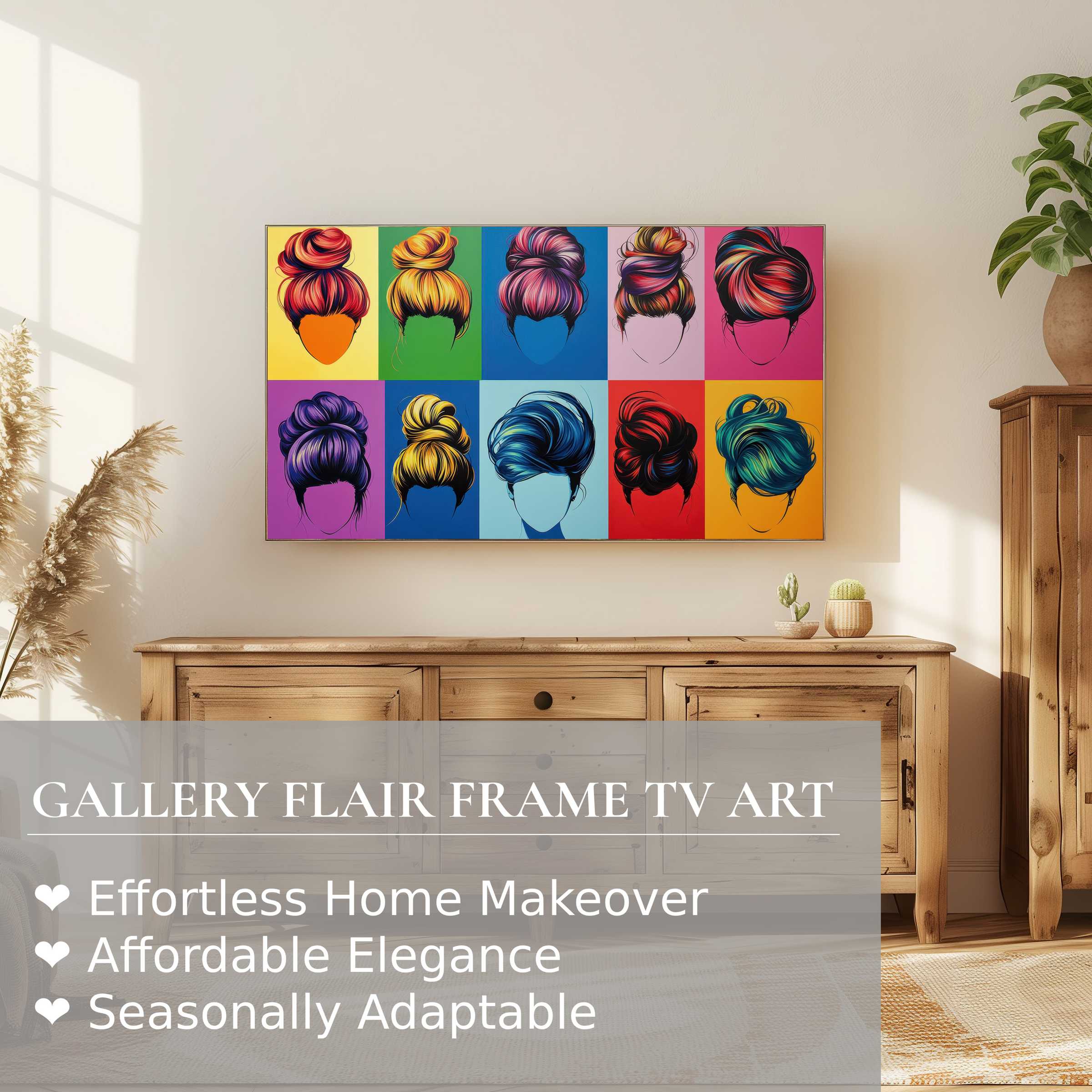Modern living room with Samsung Frame TV displaying pop art digital artwork of colorful hairstyles, stylish and chic