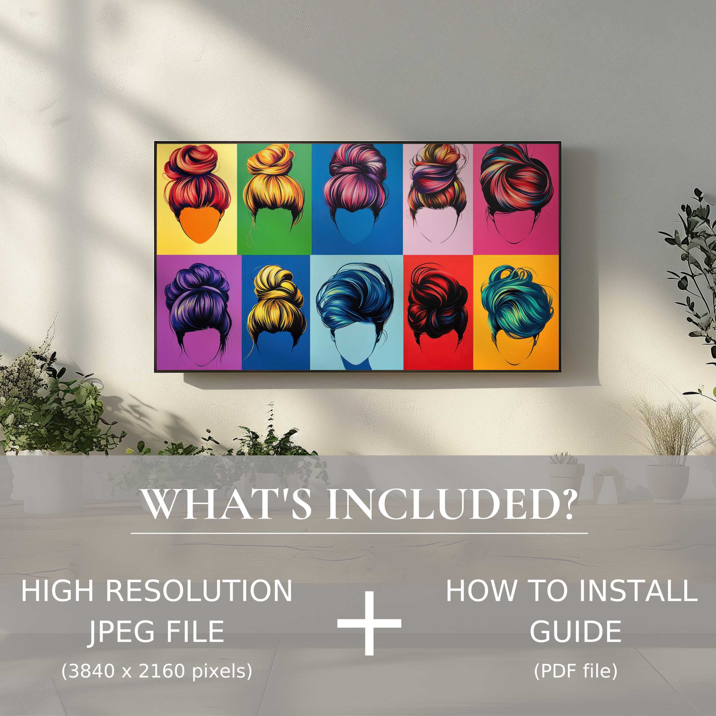 Chic living room showcasing pop art digital TV art download, enhancing space with easy, elegant digital decor flair